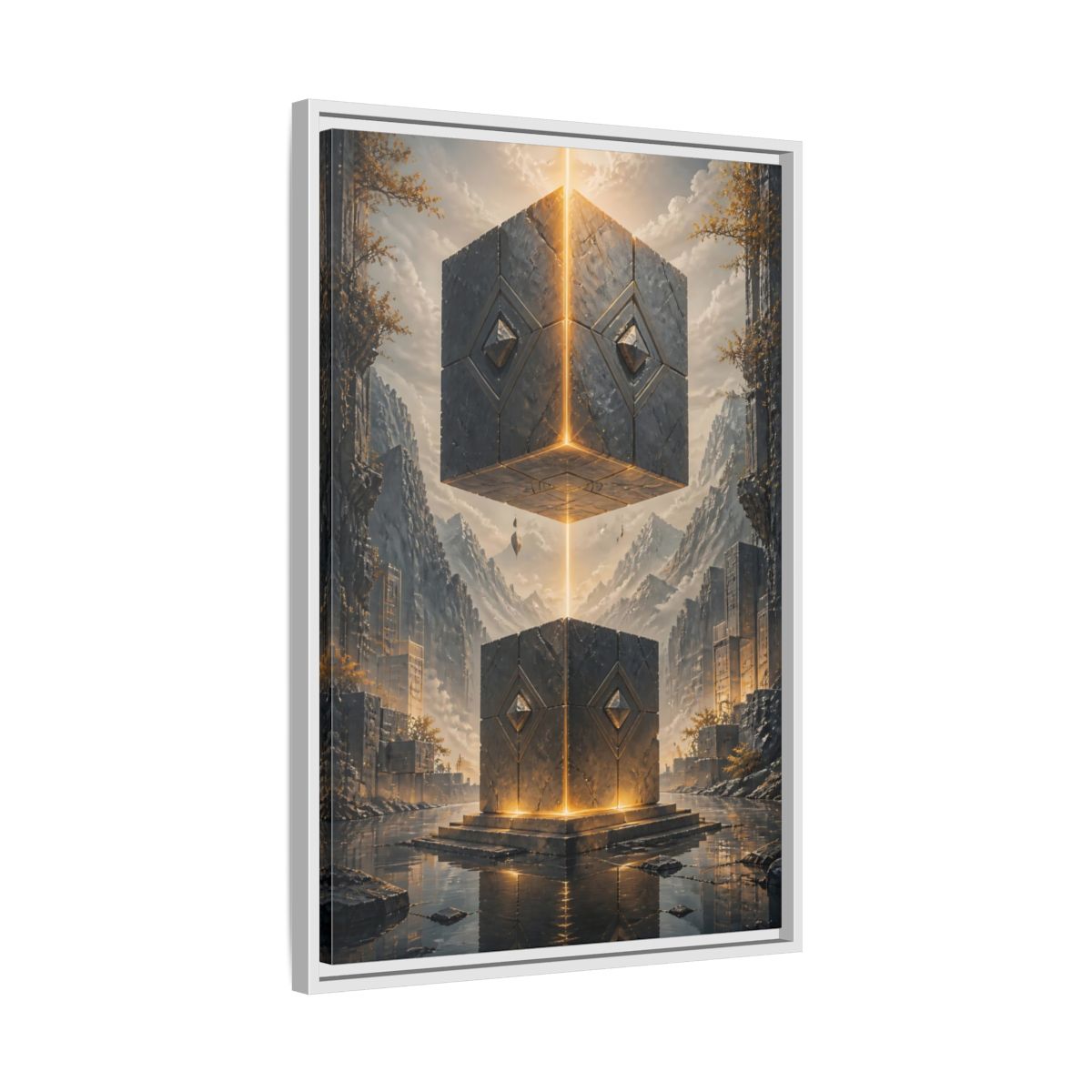 Side Mockup 10. Science Fiction Floating Cubes Gray And Gold shown as stretched canvas wall art