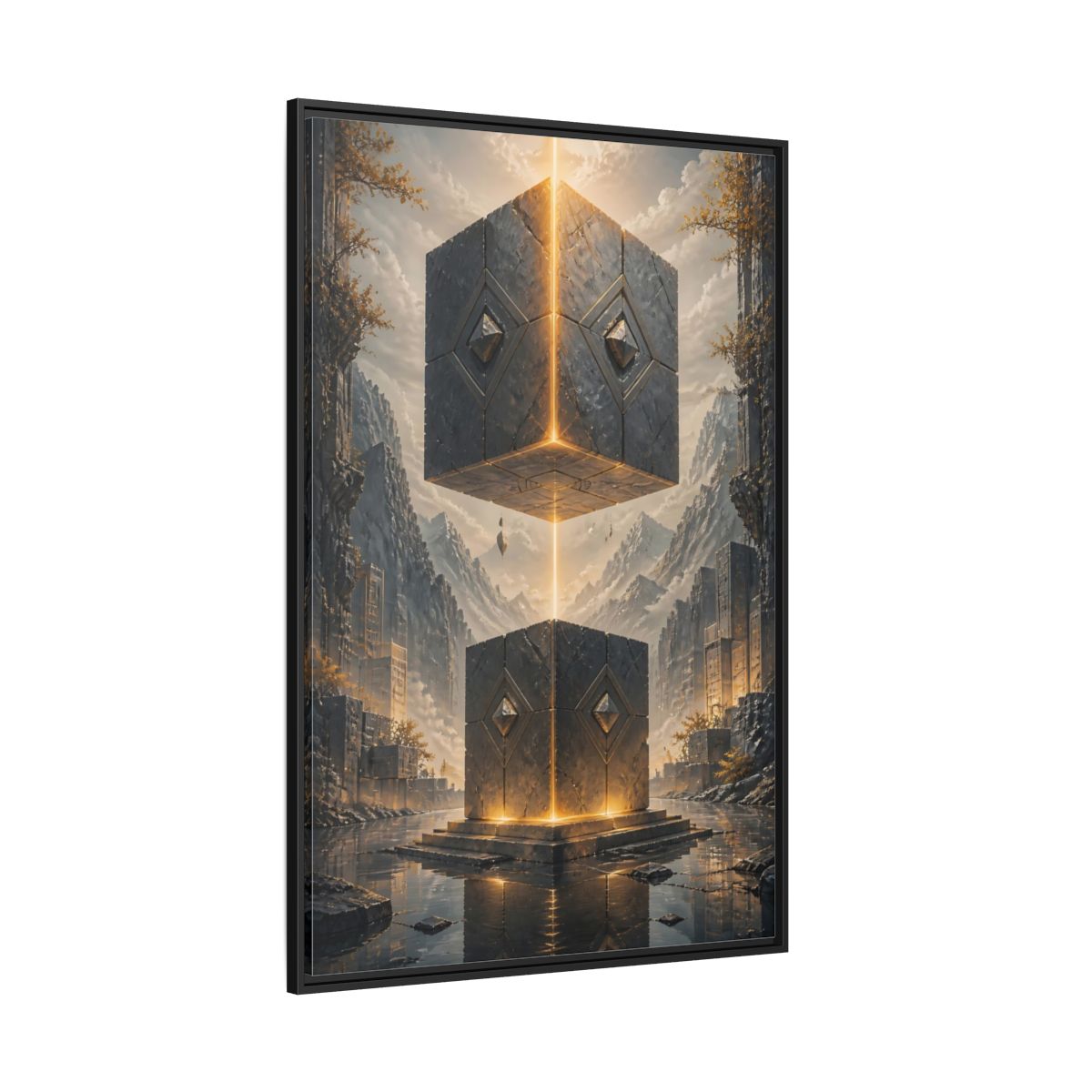 Side Mockup 12. Science Fiction Floating Cubes Gray And Gold shown as stretched canvas wall art