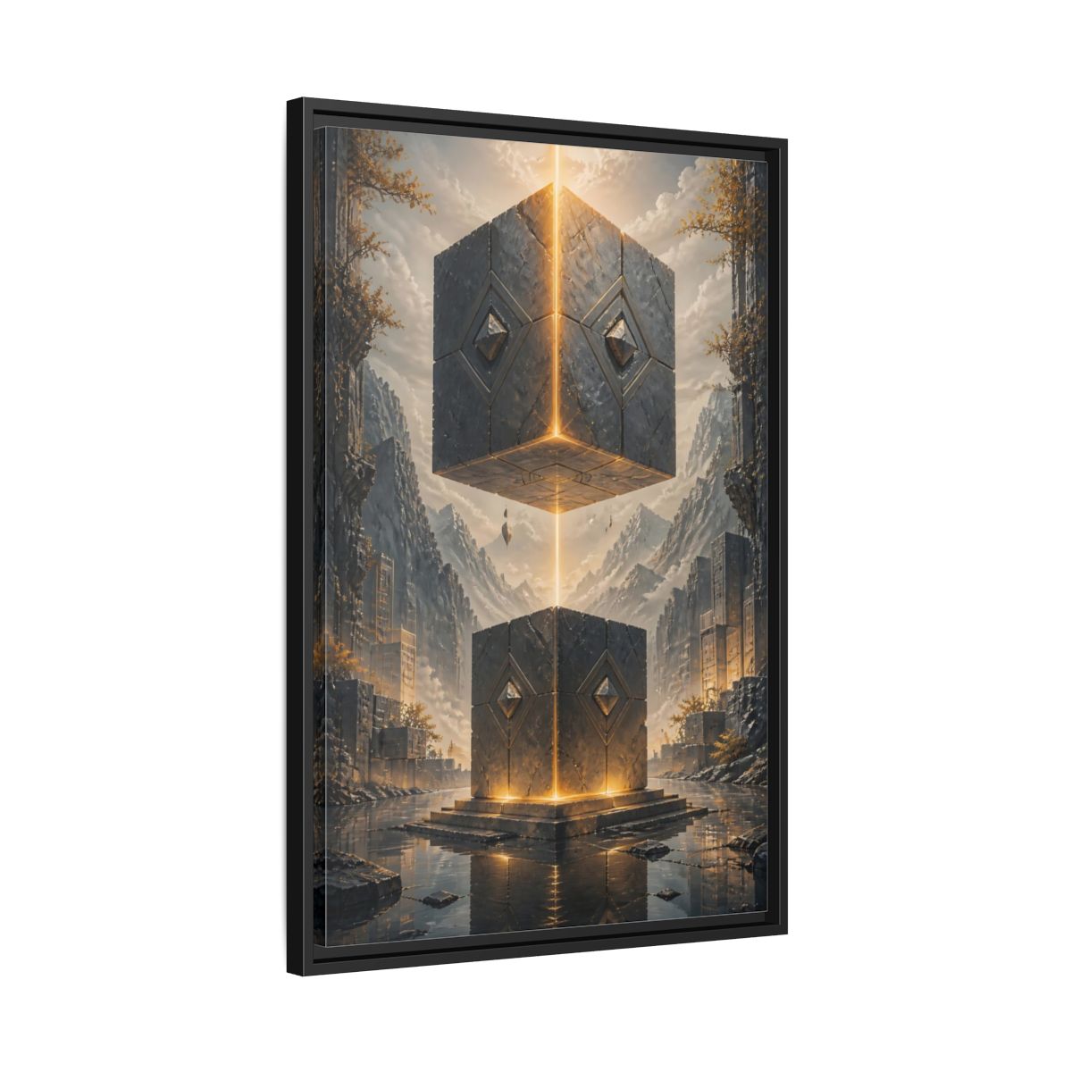 Side Mockup 14. Science Fiction Floating Cubes Gray And Gold shown as stretched canvas wall art