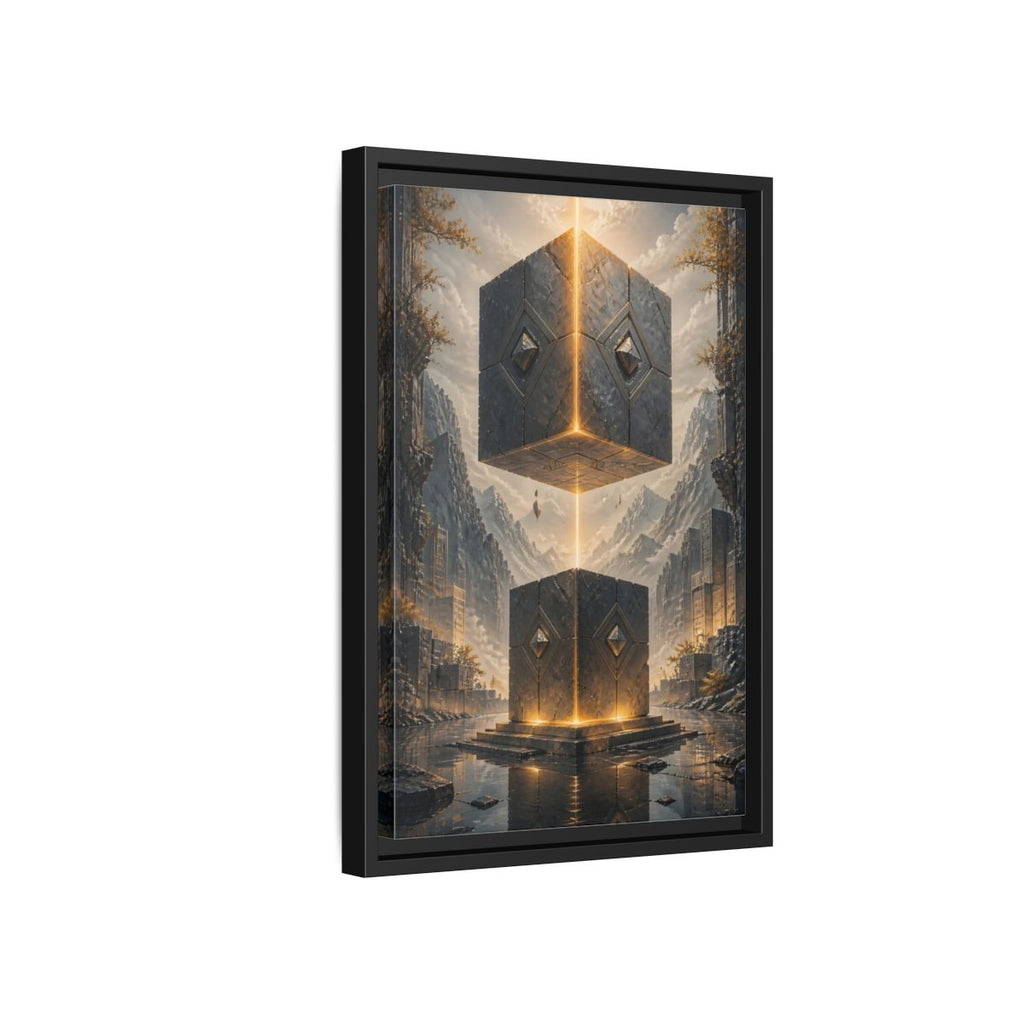 Side Mockup 6. Science Fiction Floating Cubes Gray And Gold shown as stretched canvas wall art