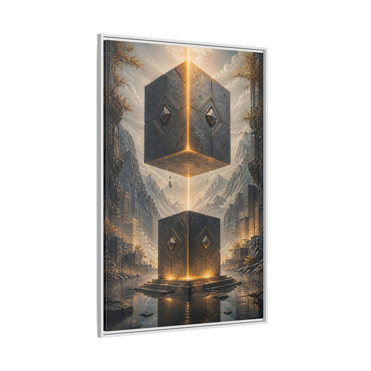 Side Mockup 7. Science Fiction Floating Cubes Gray And Gold shown as stretched canvas wall art