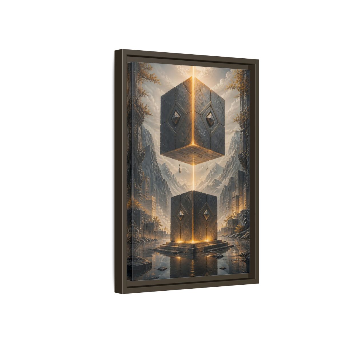 Side Mockup 5. Science Fiction Floating Cubes Gray And Gold shown as stretched canvas wall art