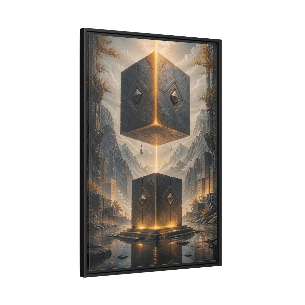 Side Mockup 13. Science Fiction Floating Cubes Gray And Gold shown as stretched canvas wall art