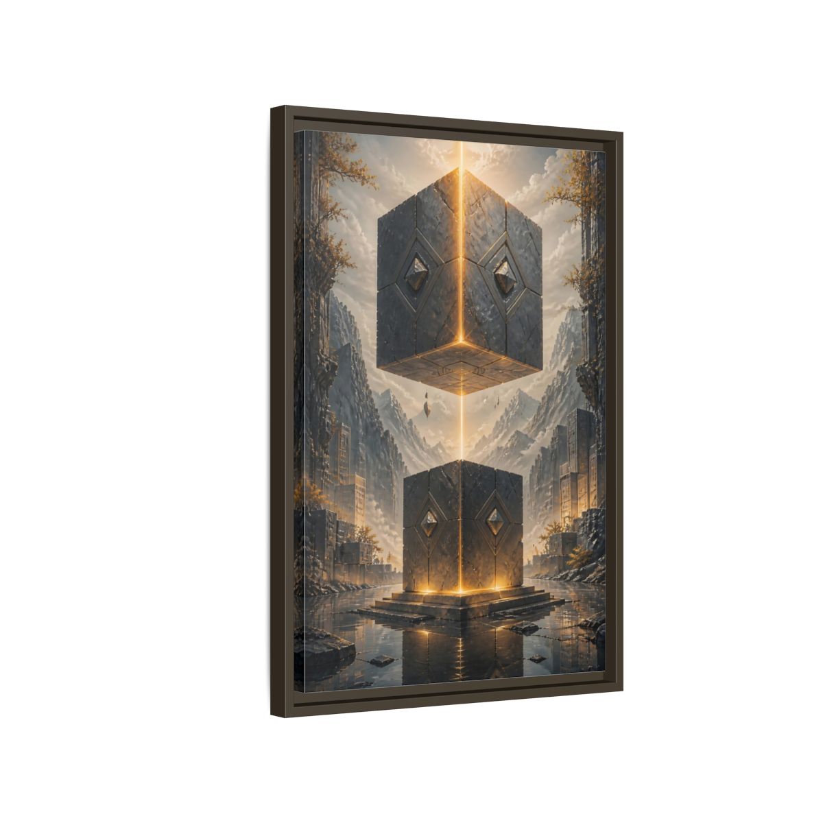 Side Mockup 2. Science Fiction Floating Cubes Gray And Gold shown as stretched canvas wall art