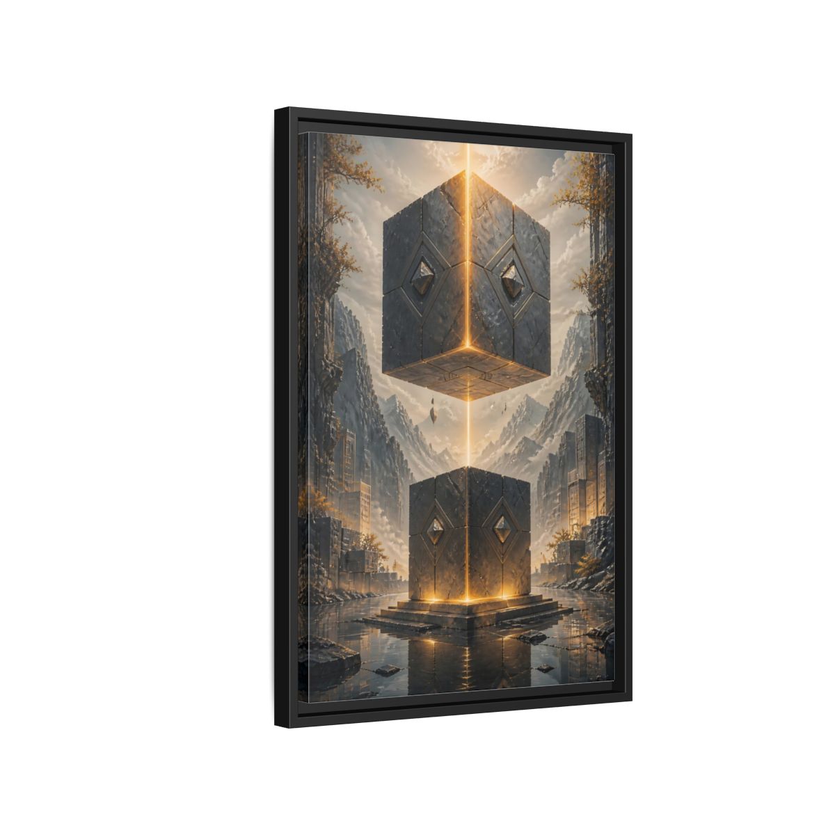 Side Mockup 3. Science Fiction Floating Cubes Gray And Gold shown as stretched canvas wall art