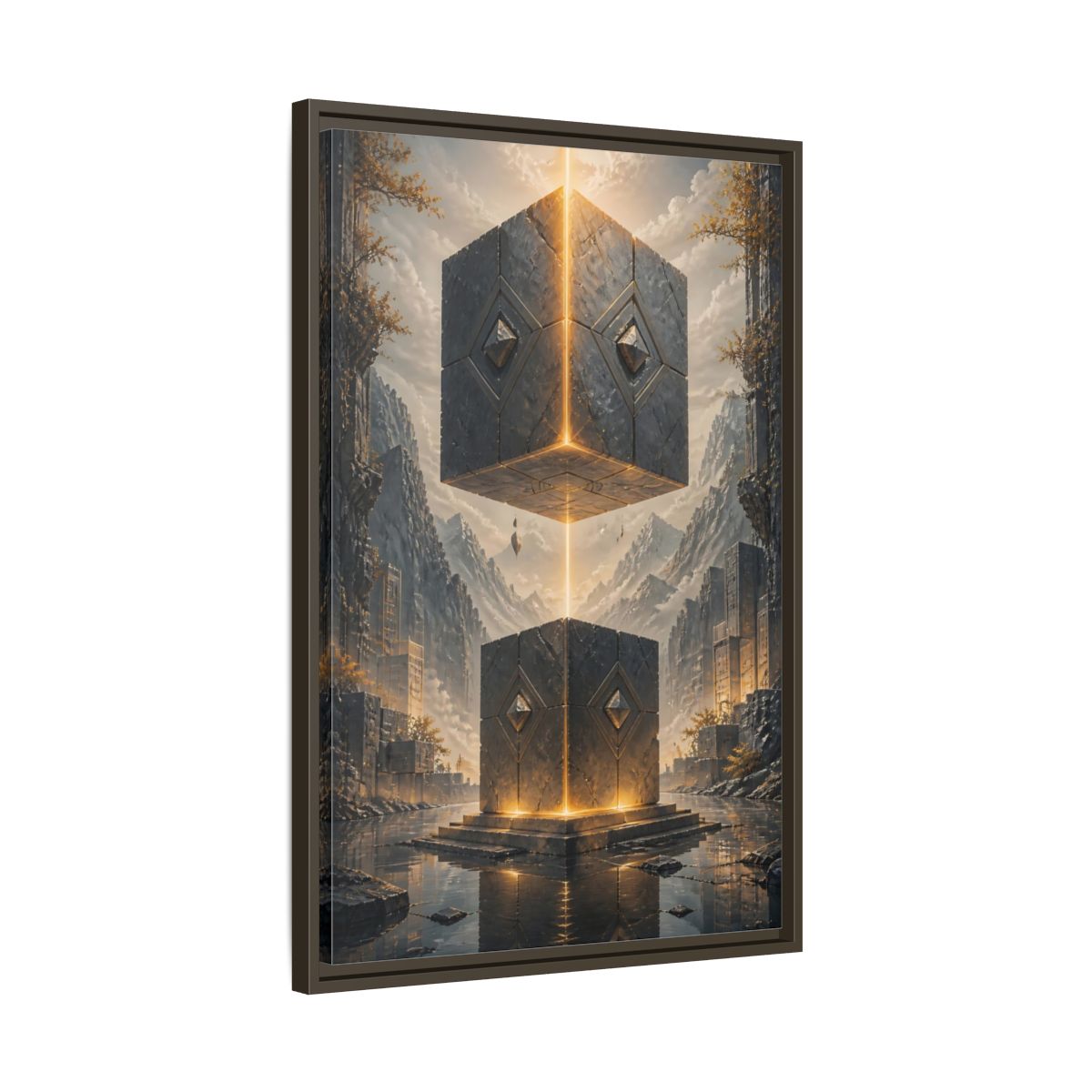 Side Mockup 11. Science Fiction Floating Cubes Gray And Gold shown as stretched canvas wall art