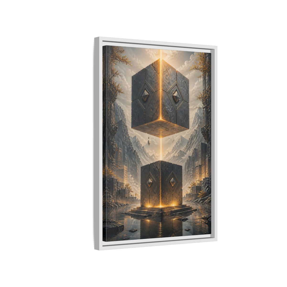 Side Mockup 1. Science Fiction Floating Cubes Gray And Gold shown as stretched canvas wall art