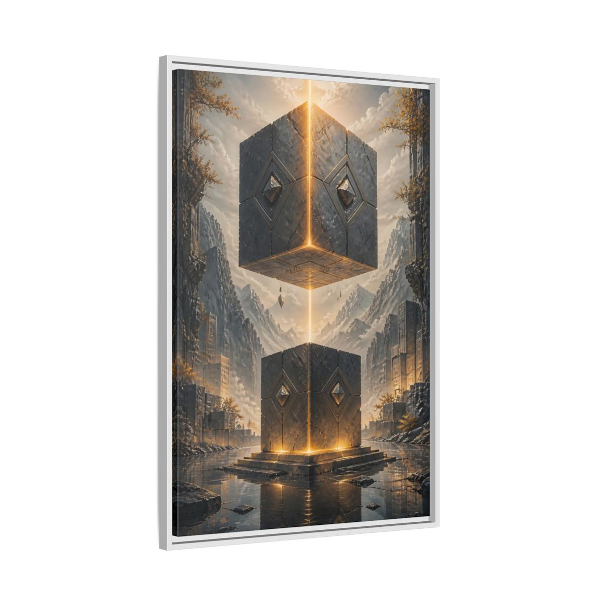 Side Mockup 9. Science Fiction Floating Cubes Gray And Gold shown as stretched canvas wall art