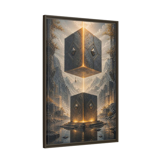 Main Mockup. Science Fiction Floating Cubes Gray And Gold shown as stretched canvas wall art