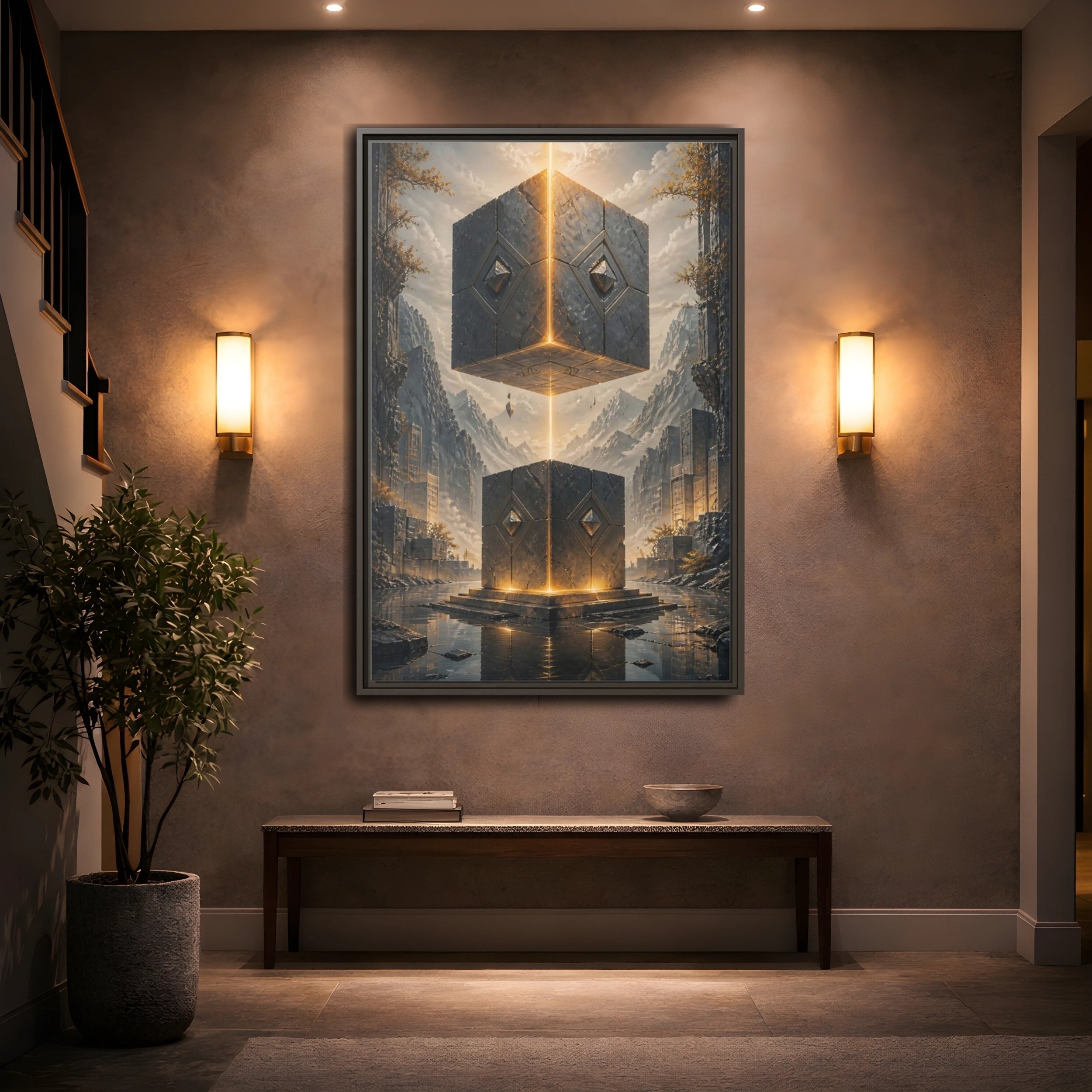 Mockup 2. Science Fiction Floating Cubes Gray And Gold shown as stretched canvas wall art