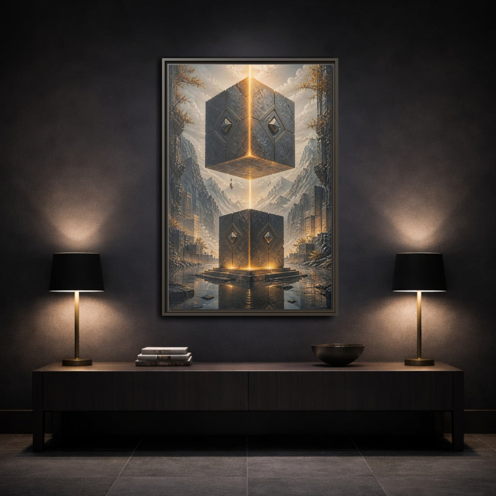 Mockup 3. Science Fiction Floating Cubes Gray And Gold shown as stretched canvas wall art