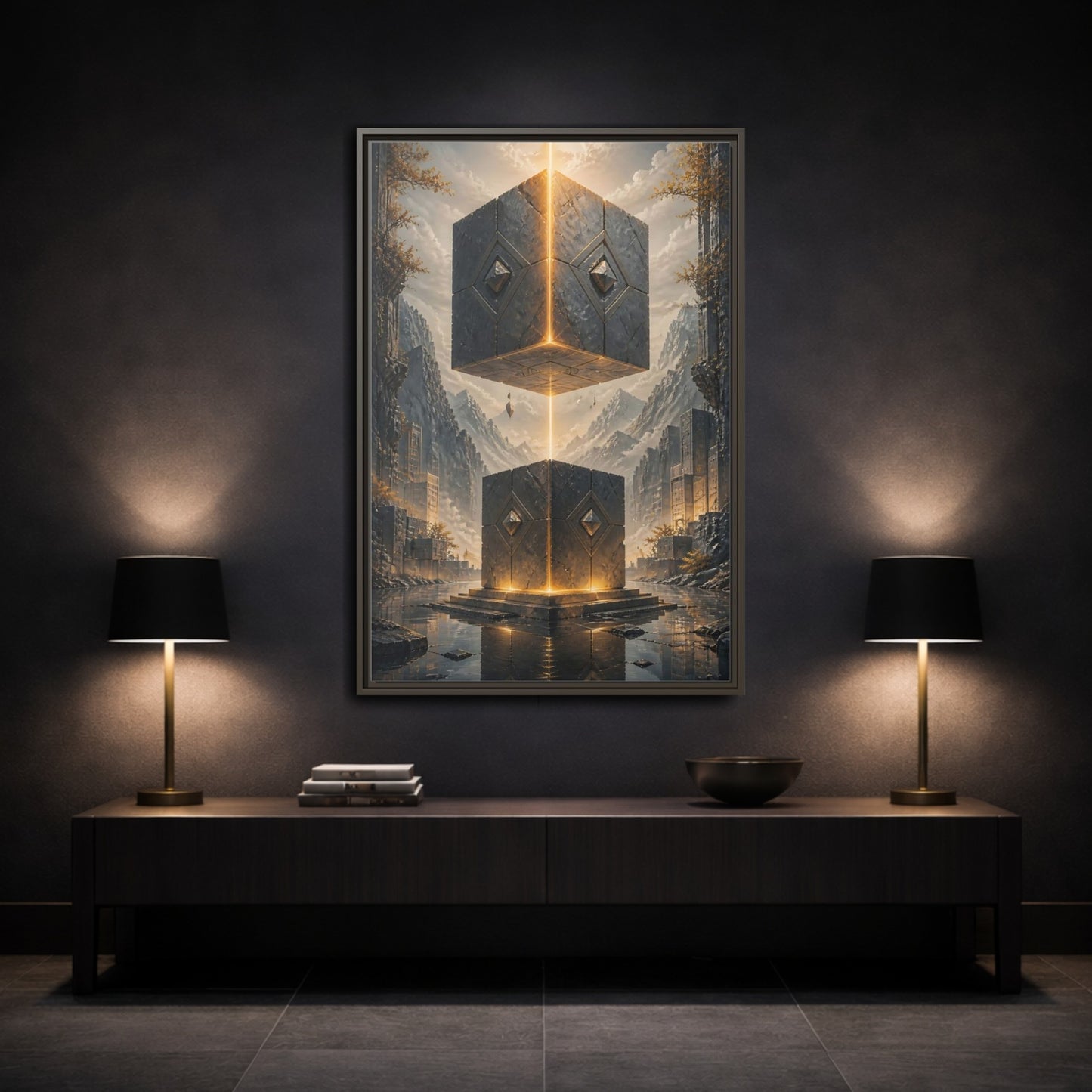 Mockup 3. Science Fiction Floating Cubes Gray And Gold shown as stretched canvas wall art