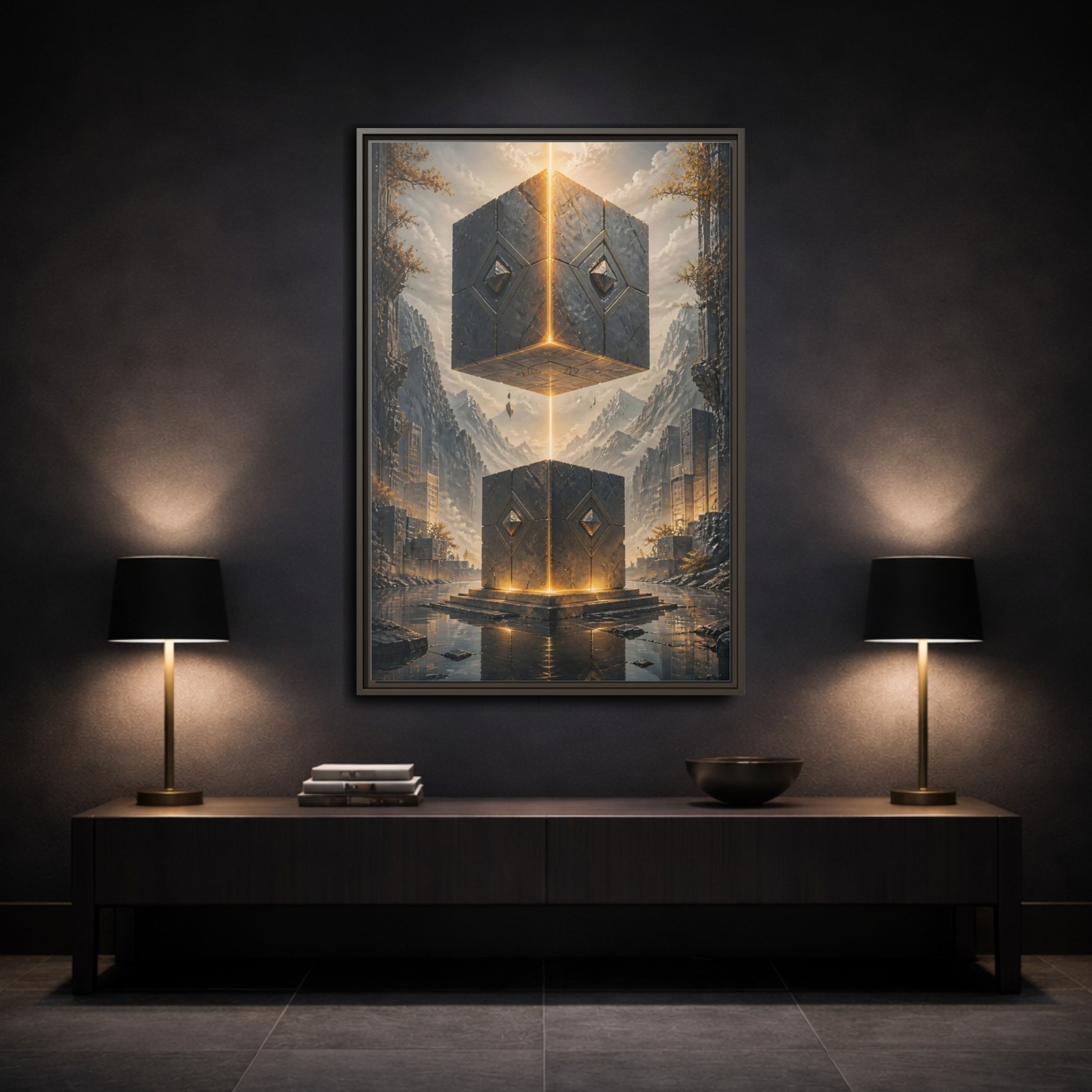 Mockup 3. Science Fiction Floating Cubes Gray And Gold shown as stretched canvas wall art