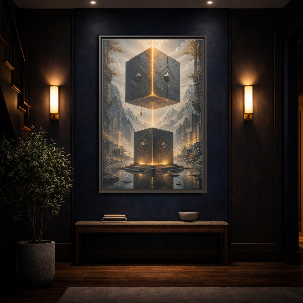 Mockup 4. Science Fiction Floating Cubes Gray And Gold shown as stretched canvas wall art