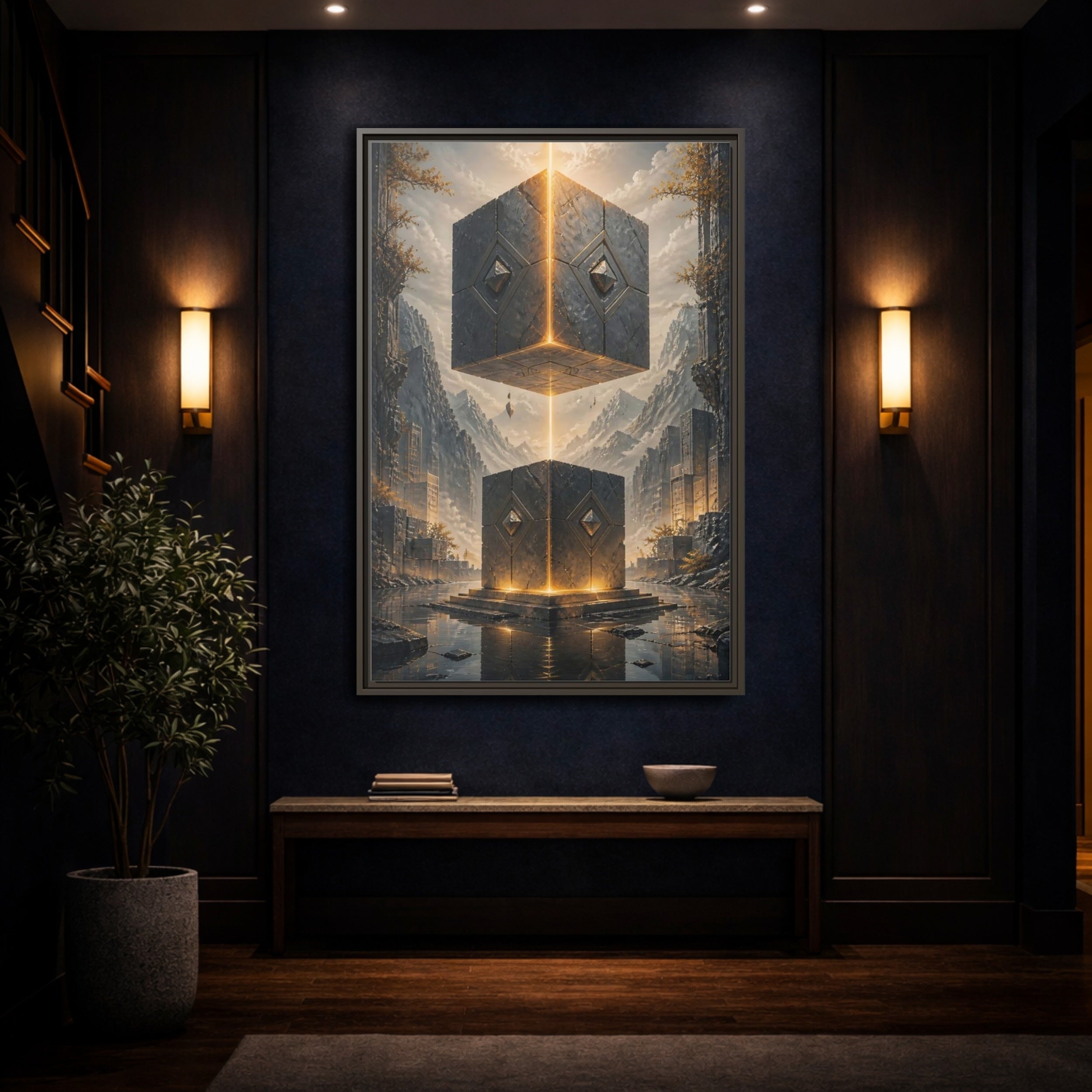 Mockup 4. Science Fiction Floating Cubes Gray And Gold shown as stretched canvas wall art