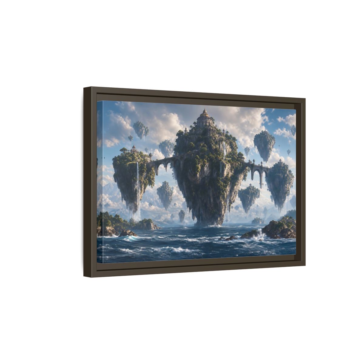 Side Mockup 5. Science Fiction Floating Islands Blue Fantasy Islands shown as stretched canvas wall art