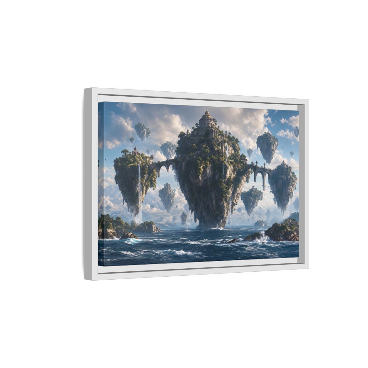 Side Mockup 4. Science Fiction Floating Islands Blue Fantasy Islands shown as stretched canvas wall art