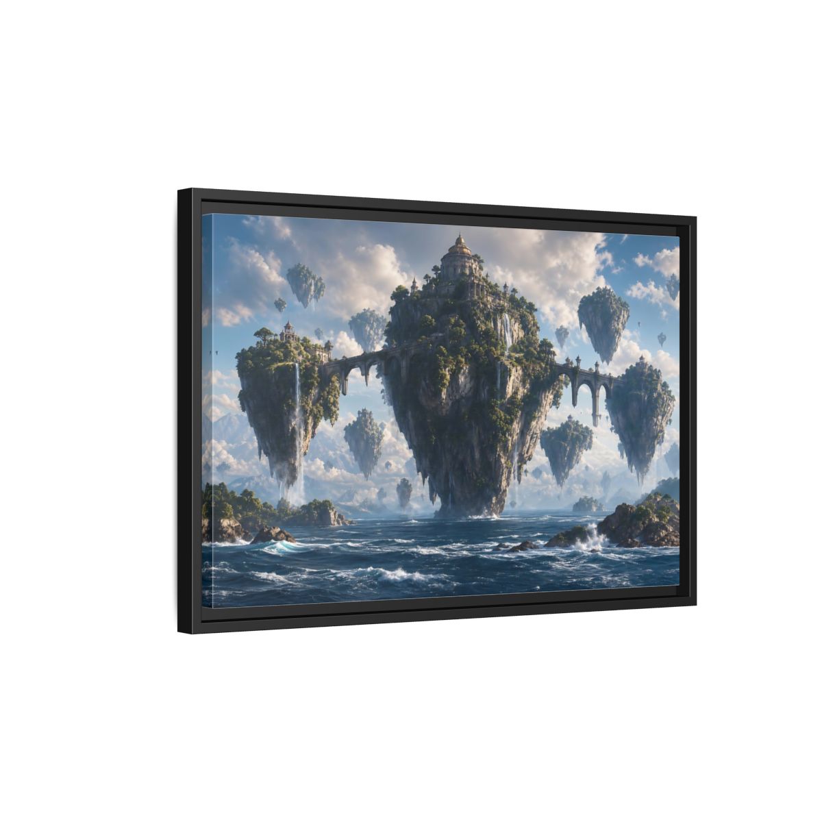 Side Mockup 3. Science Fiction Floating Islands Blue Fantasy Islands shown as stretched canvas wall art
