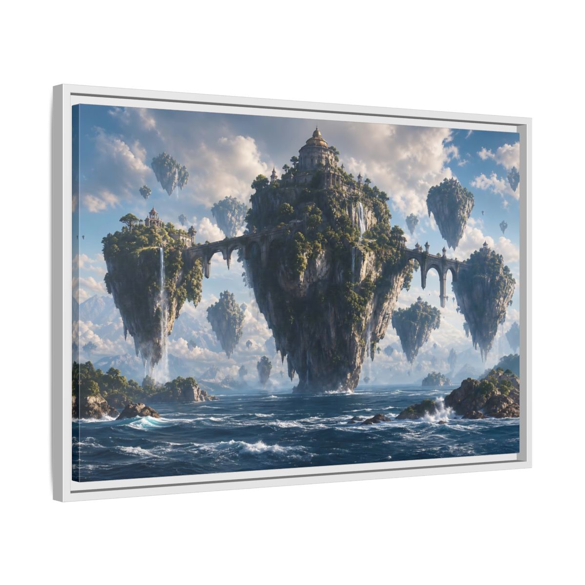 Side Mockup 10. Science Fiction Floating Islands Blue Fantasy Islands shown as stretched canvas wall art