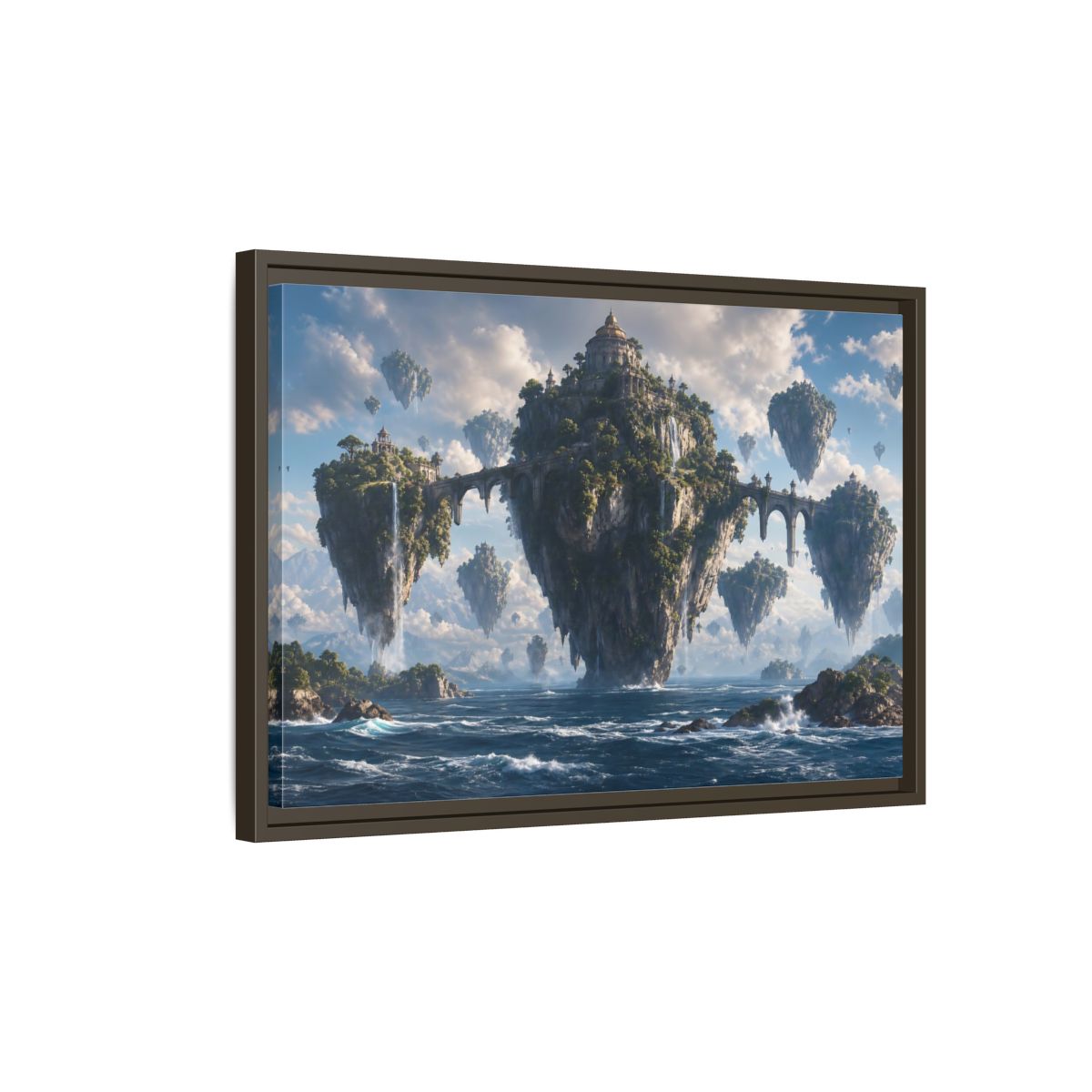 Side Mockup 2. Science Fiction Floating Islands Blue Fantasy Islands shown as stretched canvas wall art