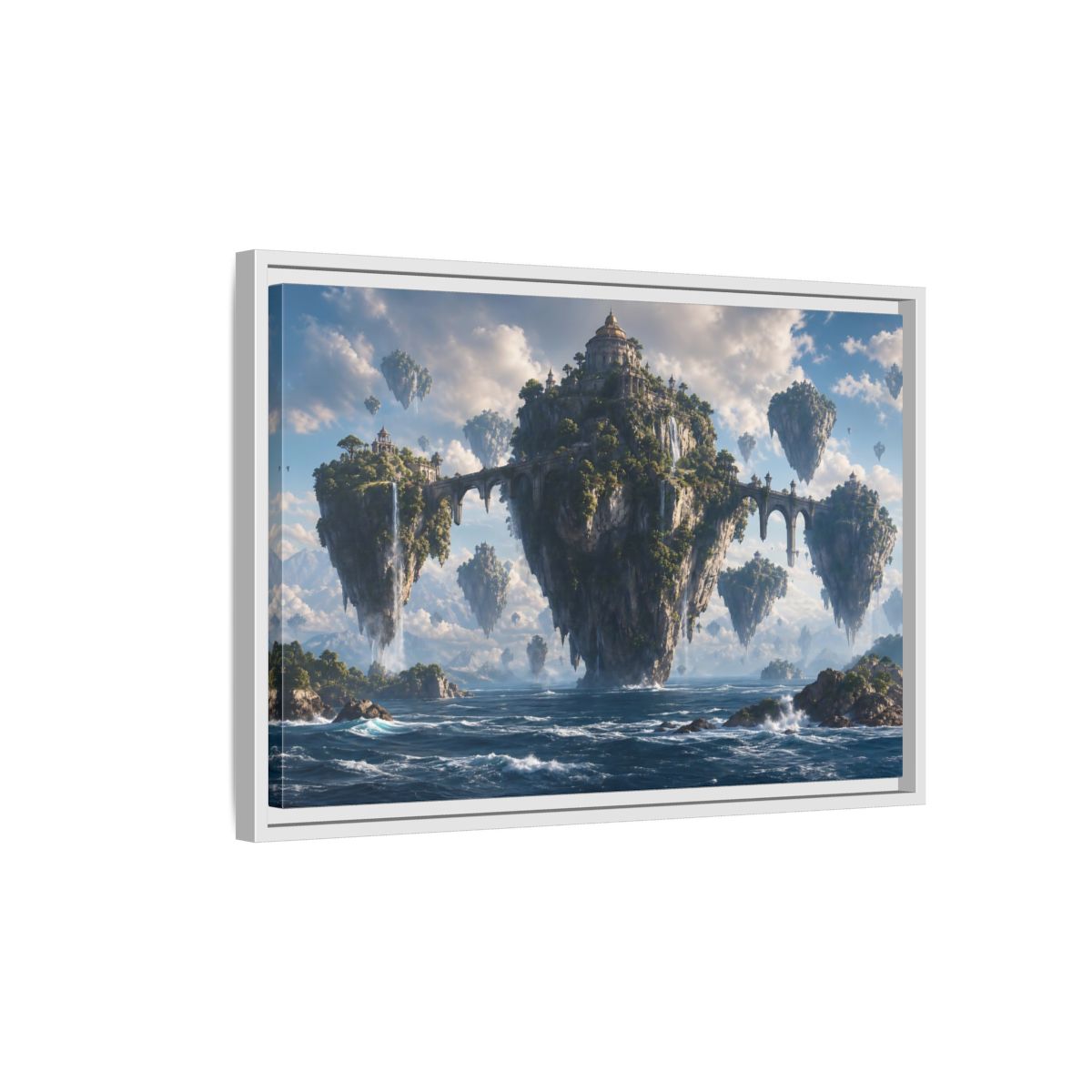 Side Mockup 1. Science Fiction Floating Islands Blue Fantasy Islands shown as stretched canvas wall art