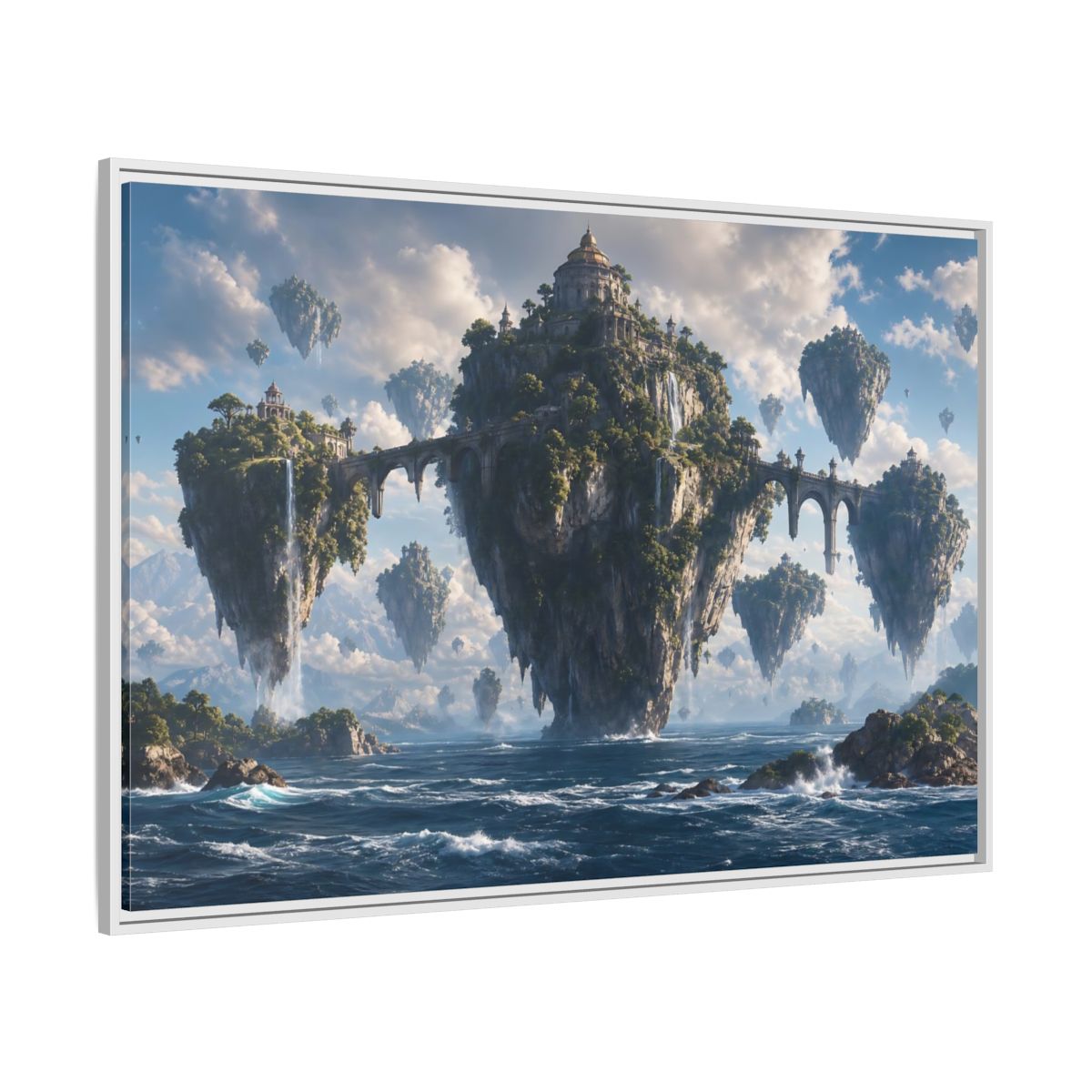 Side Mockup 7. Science Fiction Floating Islands Blue Fantasy Islands shown as stretched canvas wall art