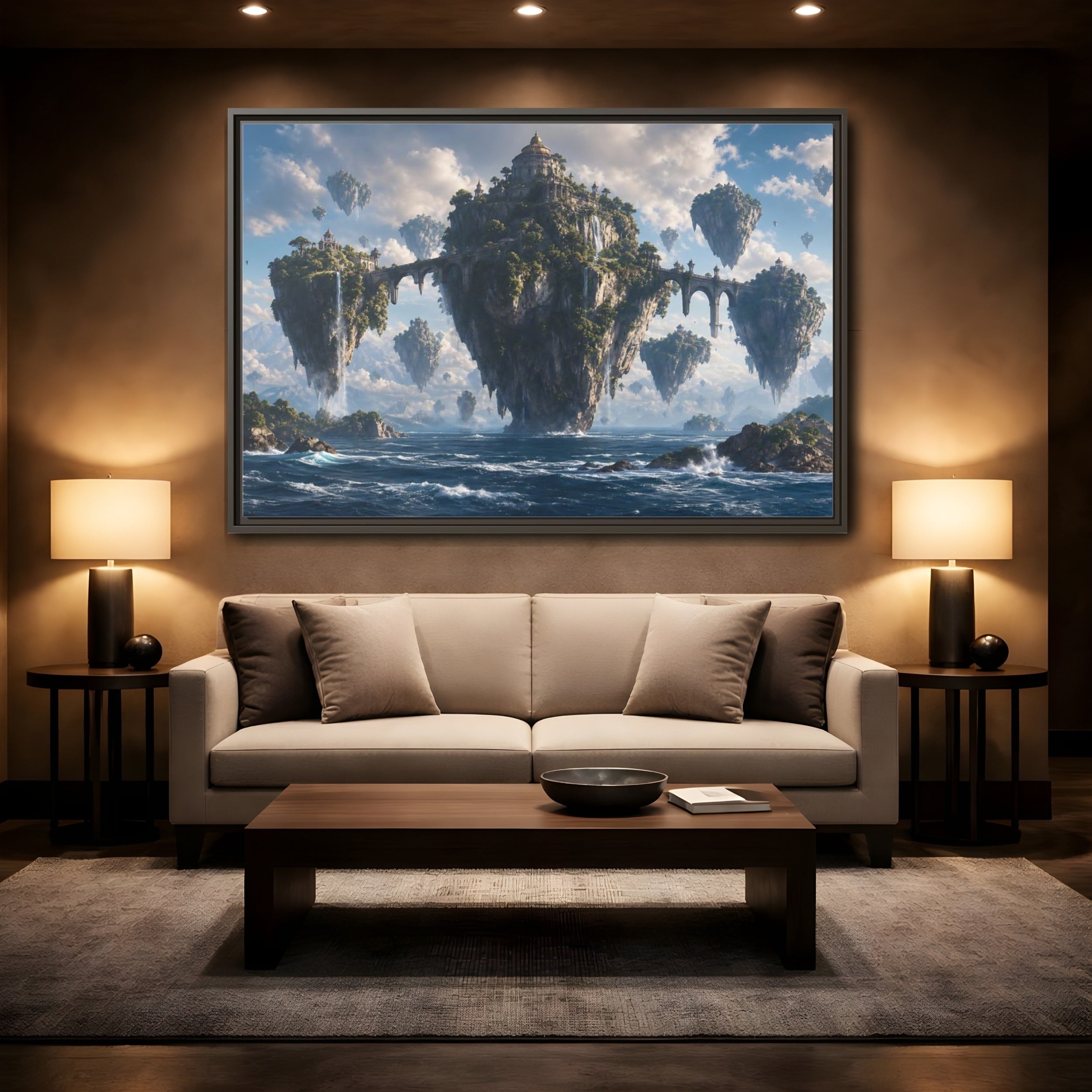 Mockup 2. Science Fiction Floating Islands Blue Fantasy Islands shown as stretched canvas wall art