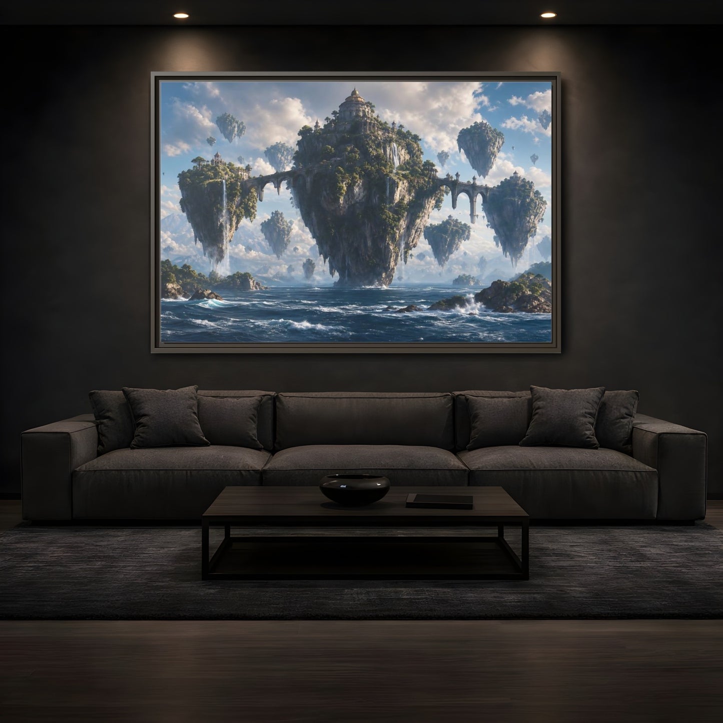 Mockup 3. Science Fiction Floating Islands Blue Fantasy Islands shown as stretched canvas wall art