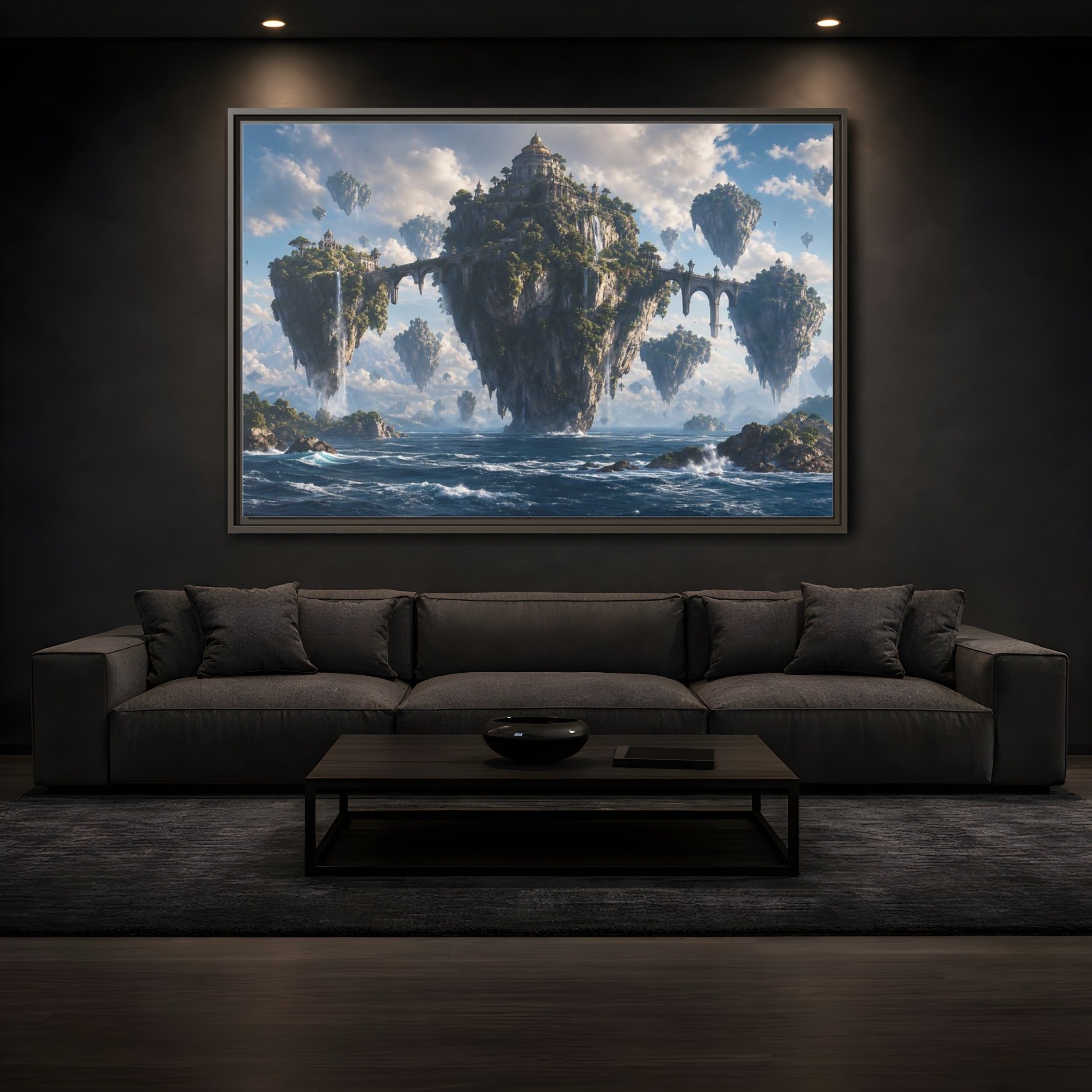 Mockup 3. Science Fiction Floating Islands Blue Fantasy Islands shown as stretched canvas wall art