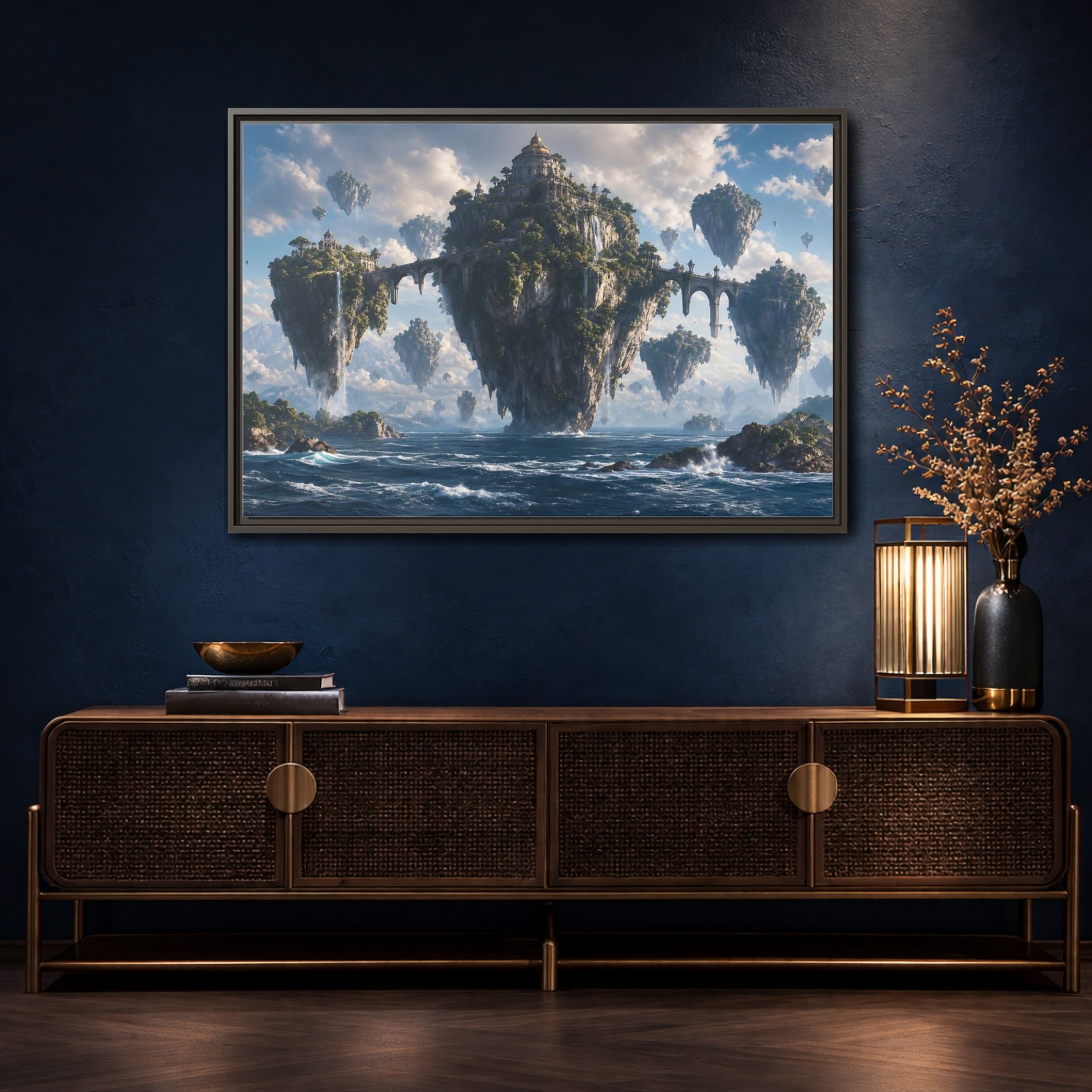 Mockup 4. Science Fiction Floating Islands Blue Fantasy Islands shown as stretched canvas wall art