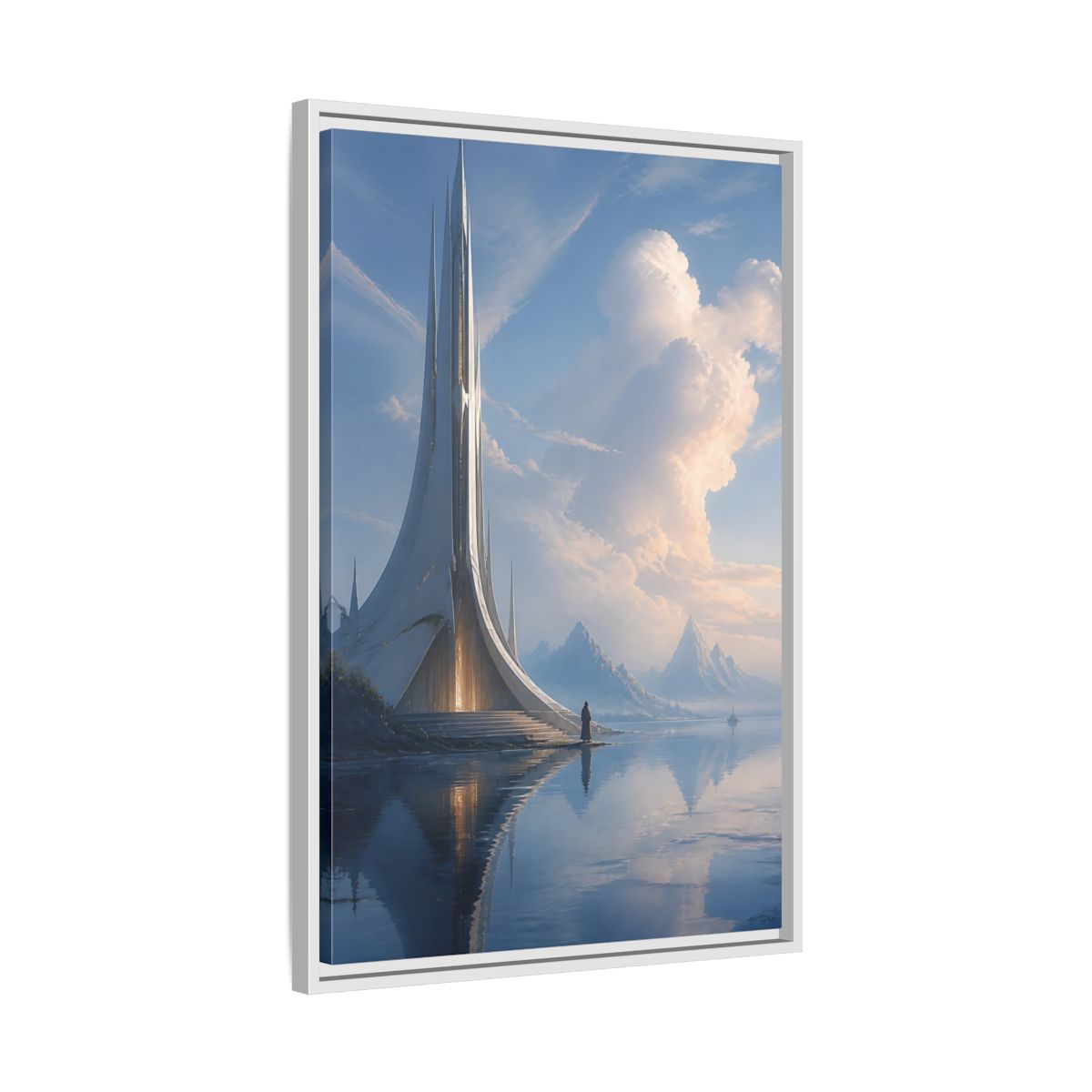 Side Mockup 10. Science Fiction Futuristic Building Blue And White shown as stretched canvas wall art