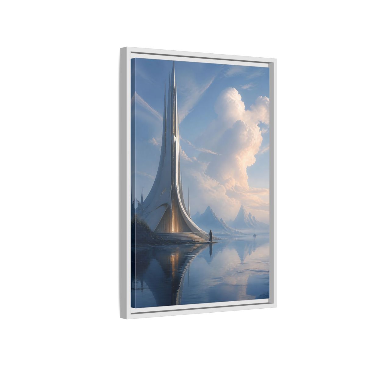 Side Mockup 1. Science Fiction Futuristic Building Blue And White shown as stretched canvas wall art