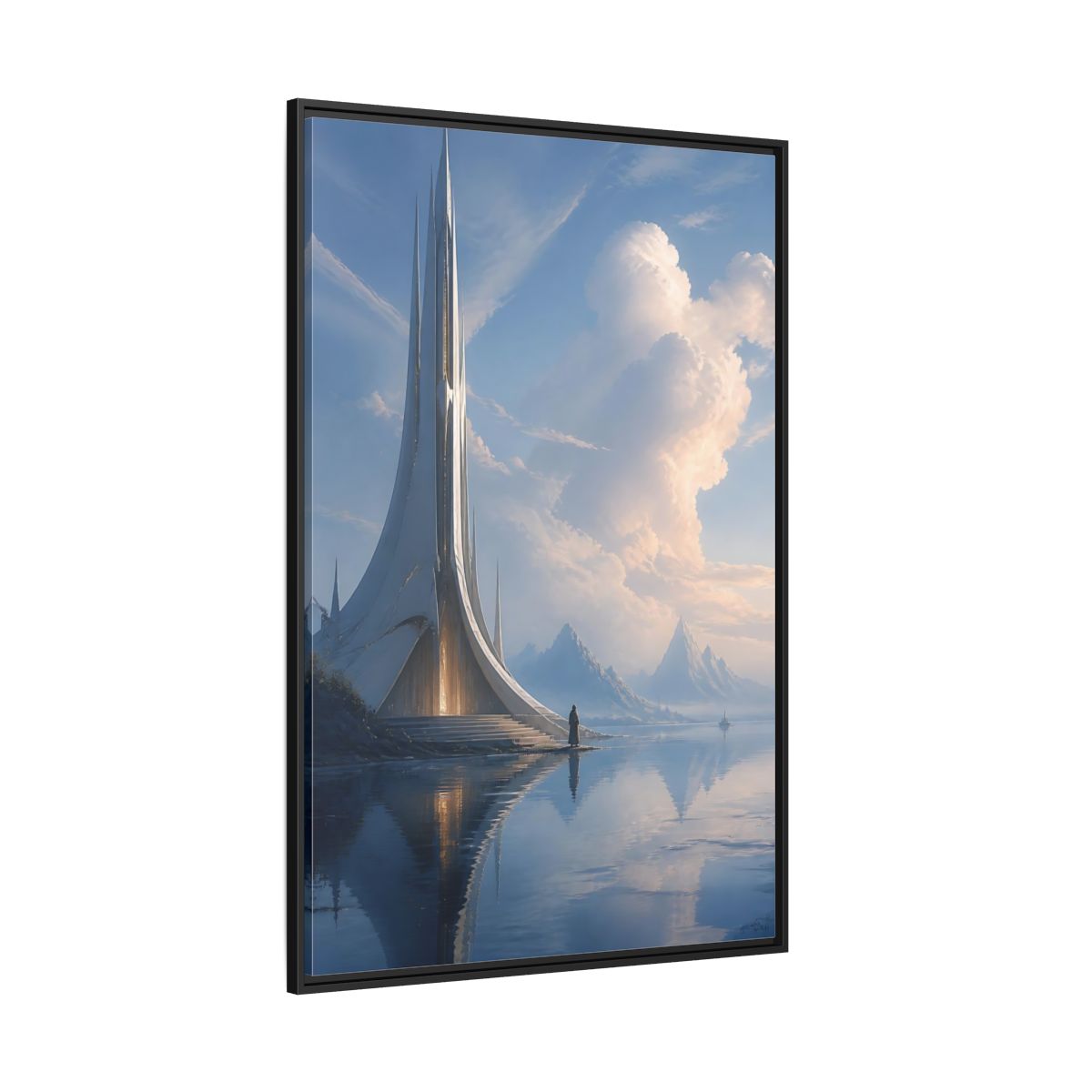 Side Mockup 12. Science Fiction Futuristic Building Blue And White shown as stretched canvas wall art