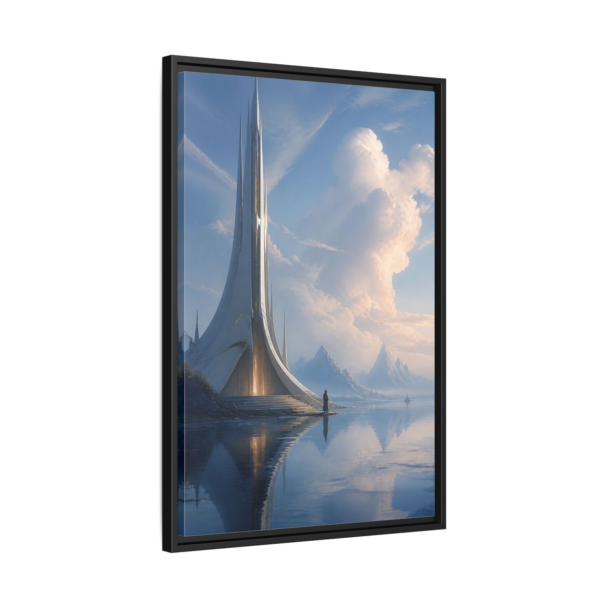 Side Mockup 14. Science Fiction Futuristic Building Blue And White shown as stretched canvas wall art