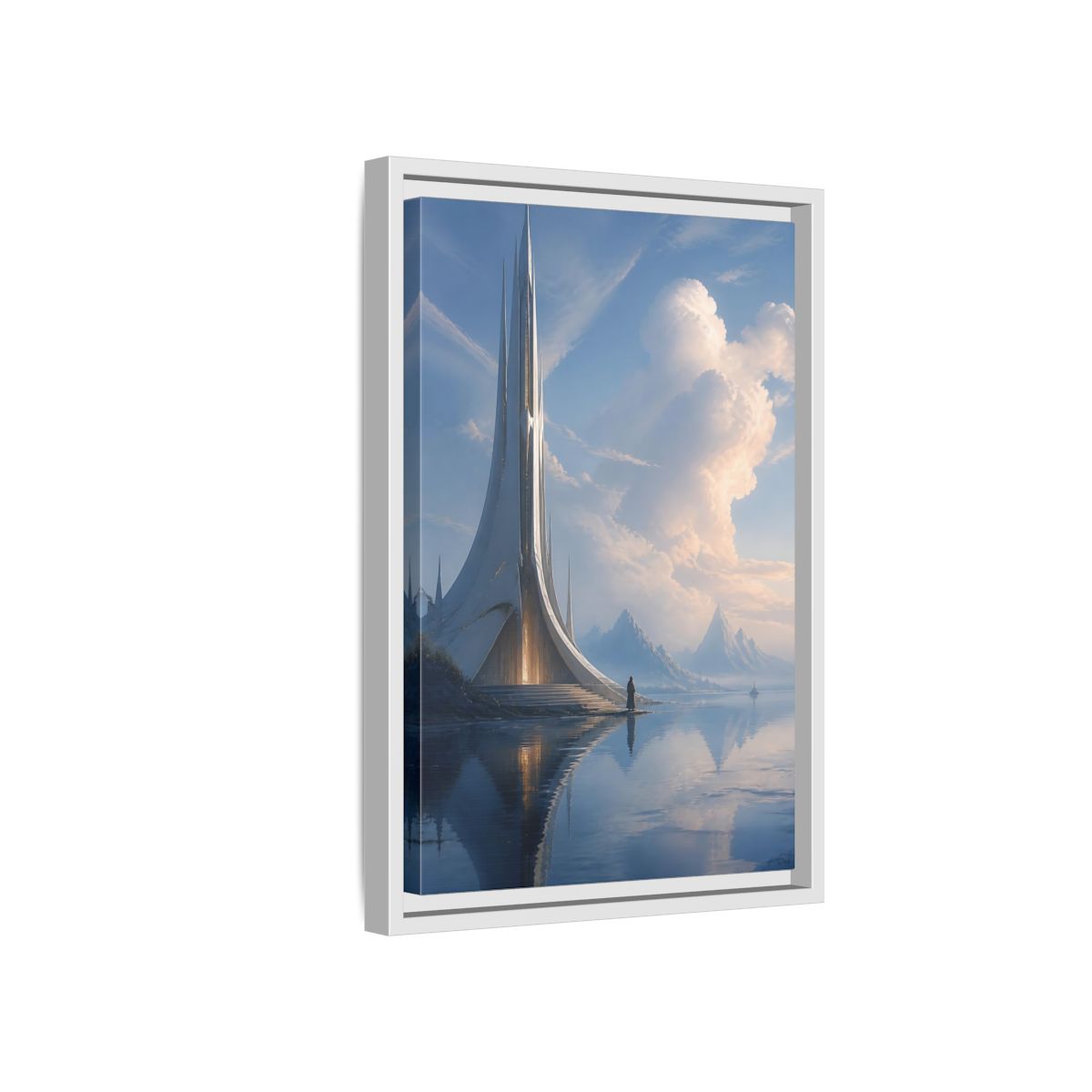 Side Mockup 4. Science Fiction Futuristic Building Blue And White shown as stretched canvas wall art