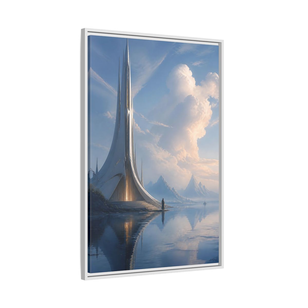 Side Mockup 9. Science Fiction Futuristic Building Blue And White shown as stretched canvas wall art