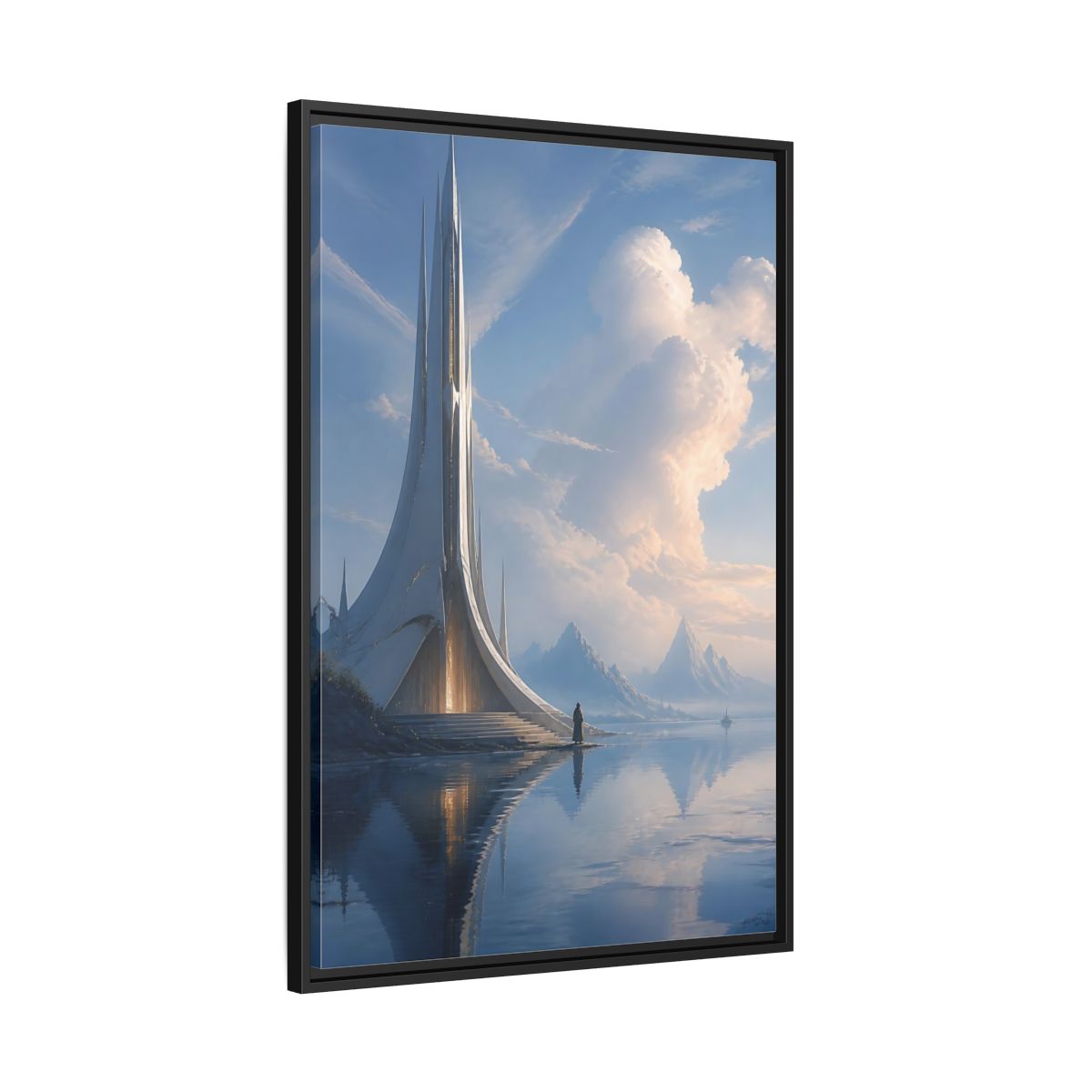 Side Mockup 13. Science Fiction Futuristic Building Blue And White shown as stretched canvas wall art