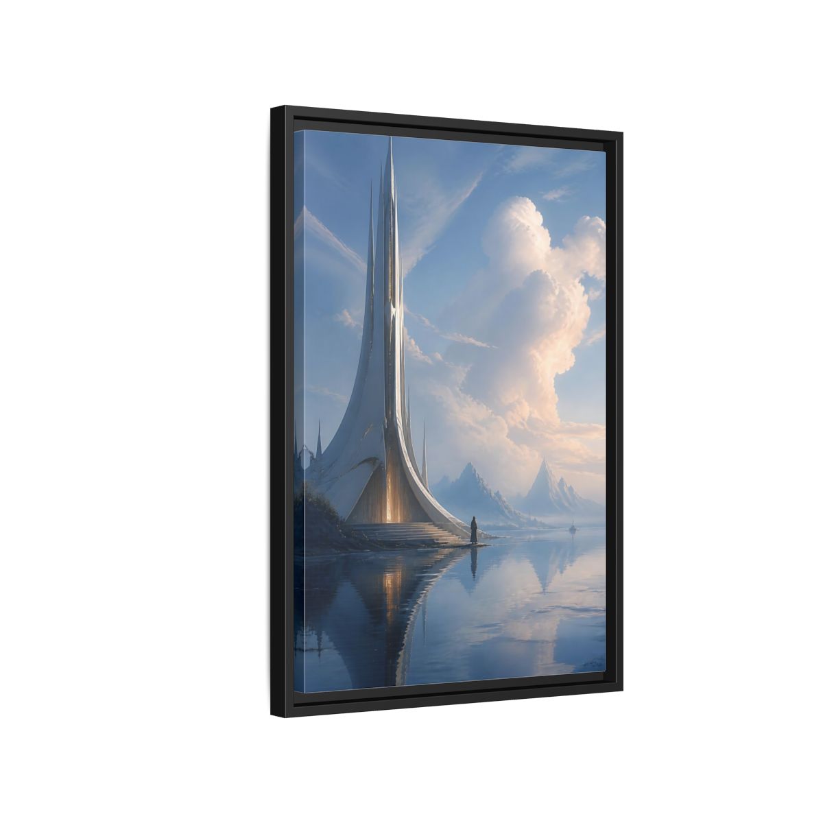 Side Mockup 3. Science Fiction Futuristic Building Blue And White shown as stretched canvas wall art