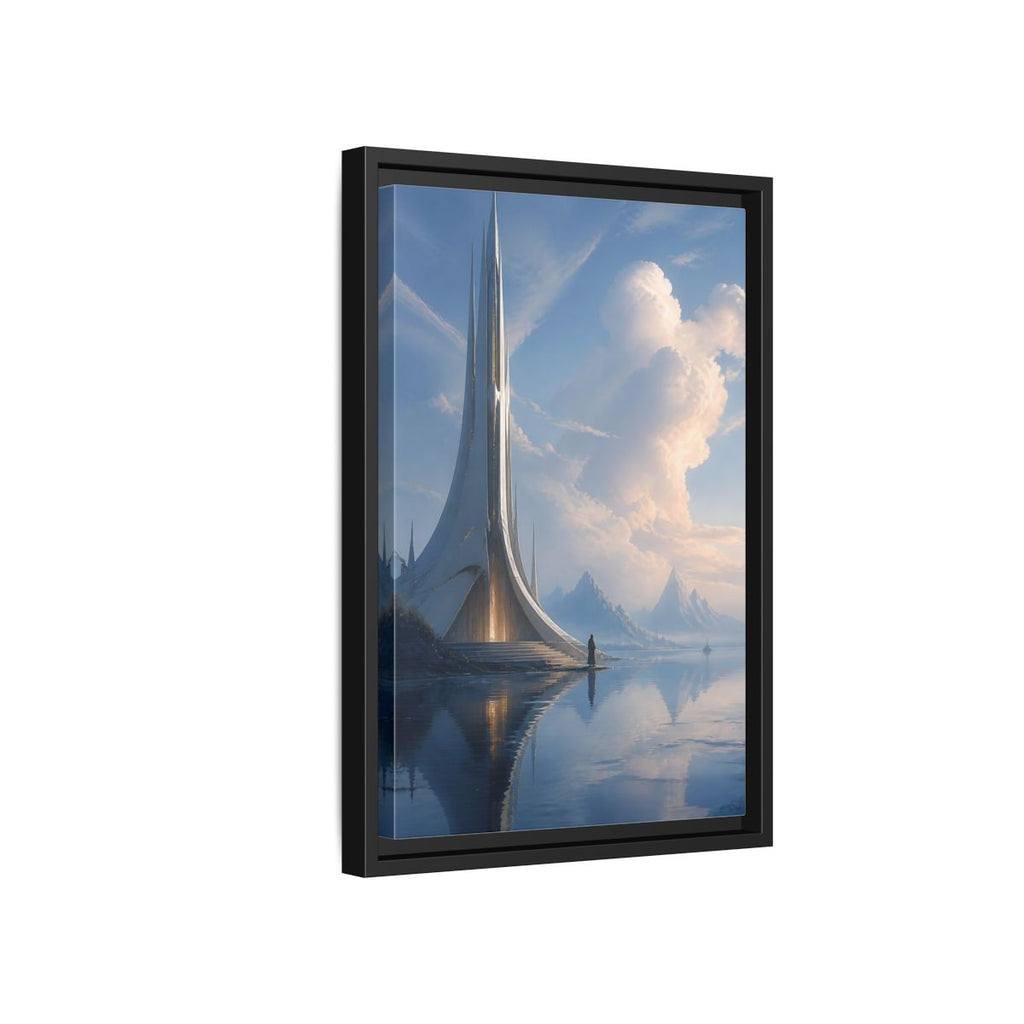 Side Mockup 6. Science Fiction Futuristic Building Blue And White shown as stretched canvas wall art