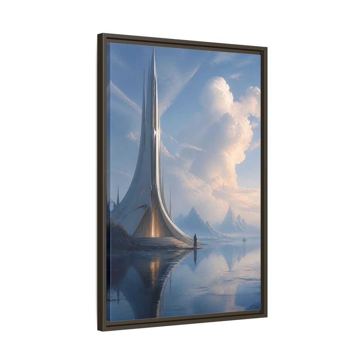 Side Mockup 11. Science Fiction Futuristic Building Blue And White shown as stretched canvas wall art