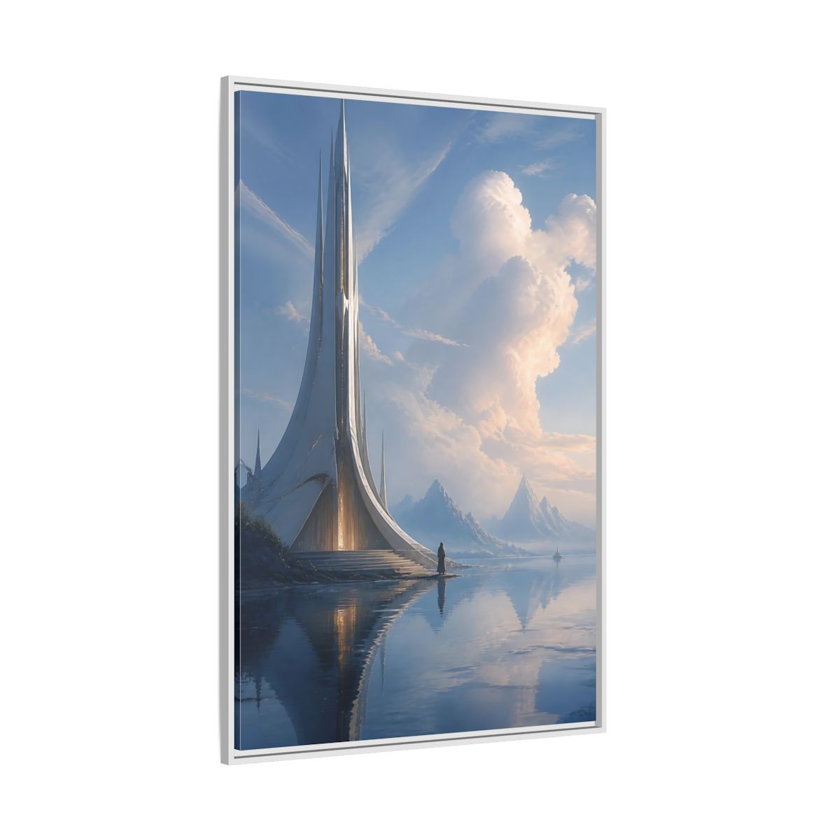 Side Mockup 7. Science Fiction Futuristic Building Blue And White shown as stretched canvas wall art