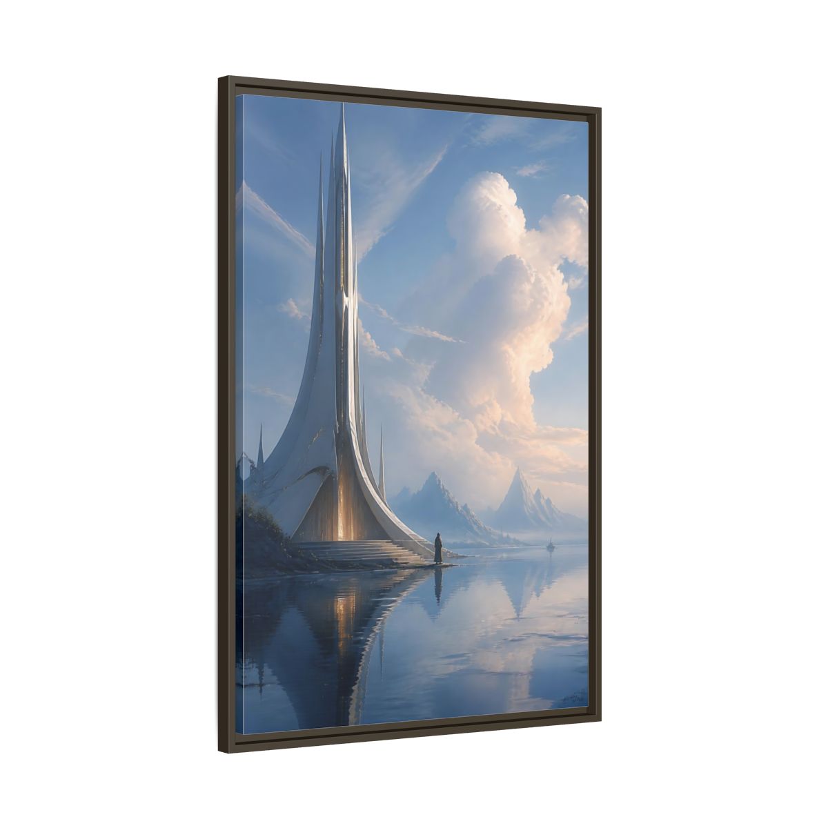 Main Mockup. Science Fiction Futuristic Building Blue And White shown as stretched canvas wall art