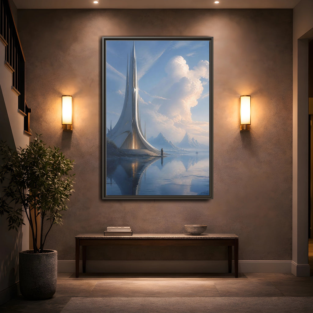 Mockup 2. Science Fiction Futuristic Building Blue And White shown as stretched canvas wall art