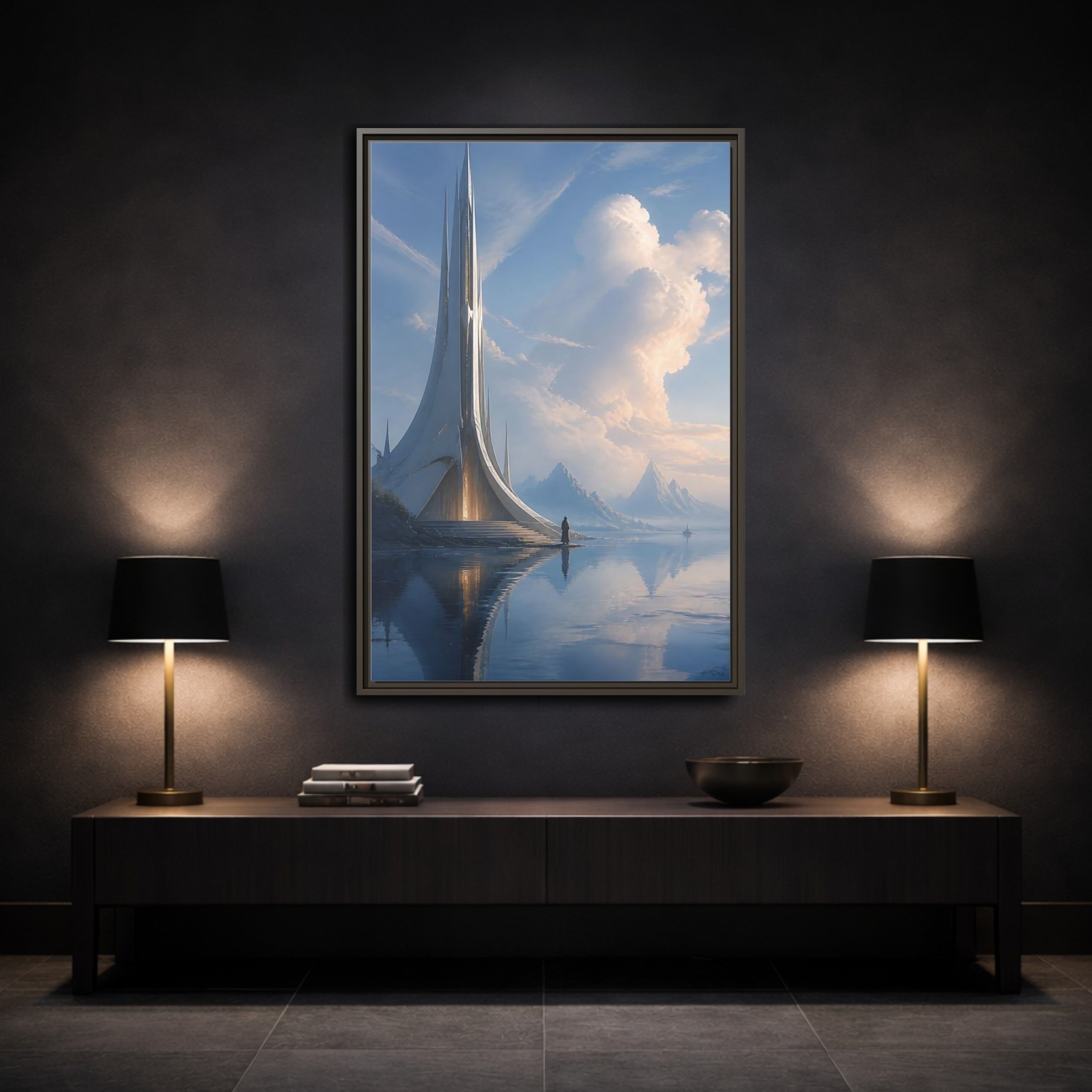 Mockup 3. Science Fiction Futuristic Building Blue And White shown as stretched canvas wall art