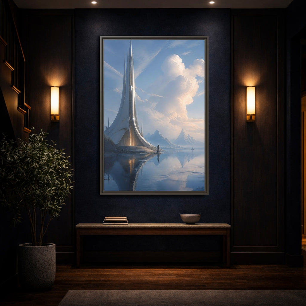 Mockup 4. Science Fiction Futuristic Building Blue And White shown as stretched canvas wall art