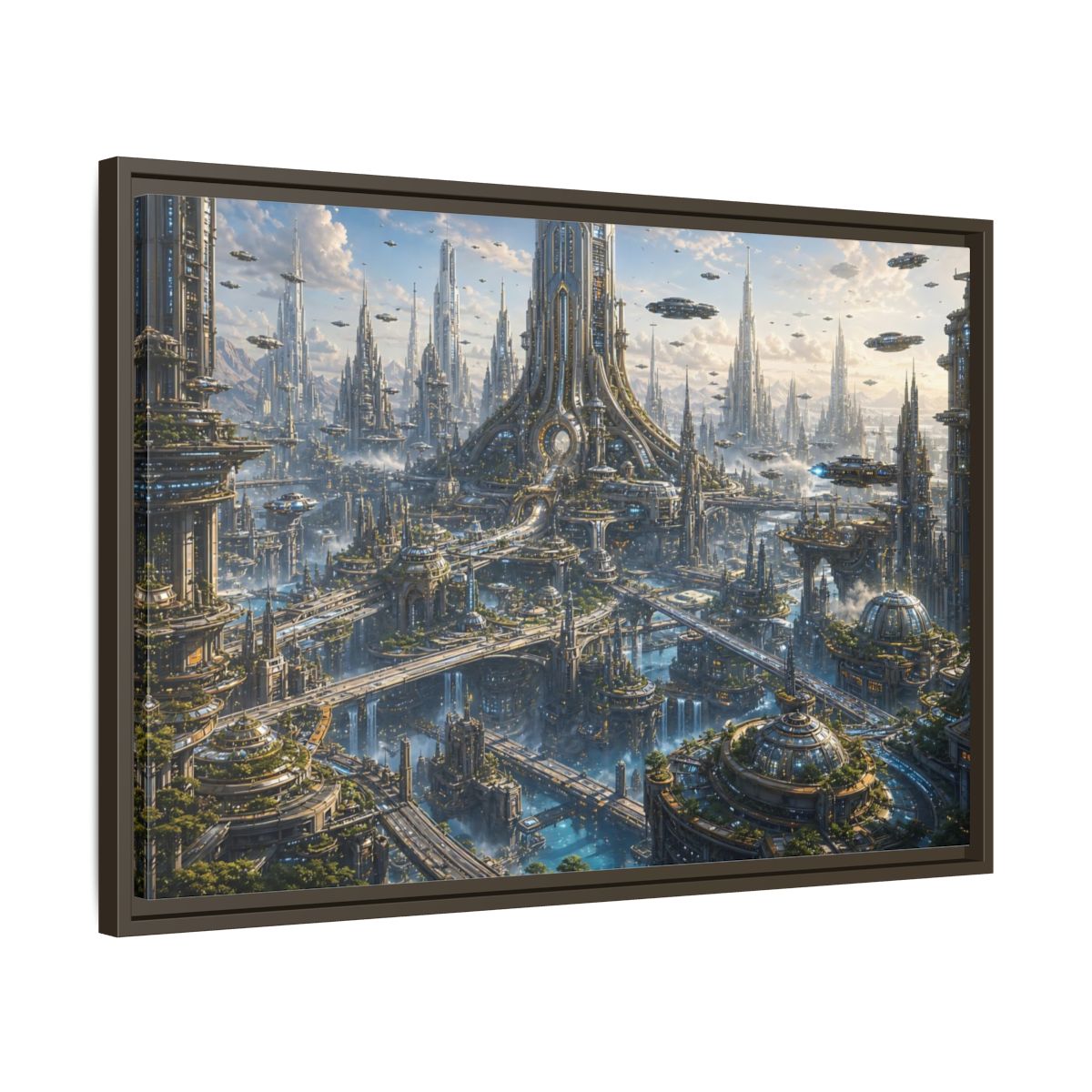 Side Mockup 11. Science Fiction Futuristic City Blue And Grey City shown as stretched canvas wall art