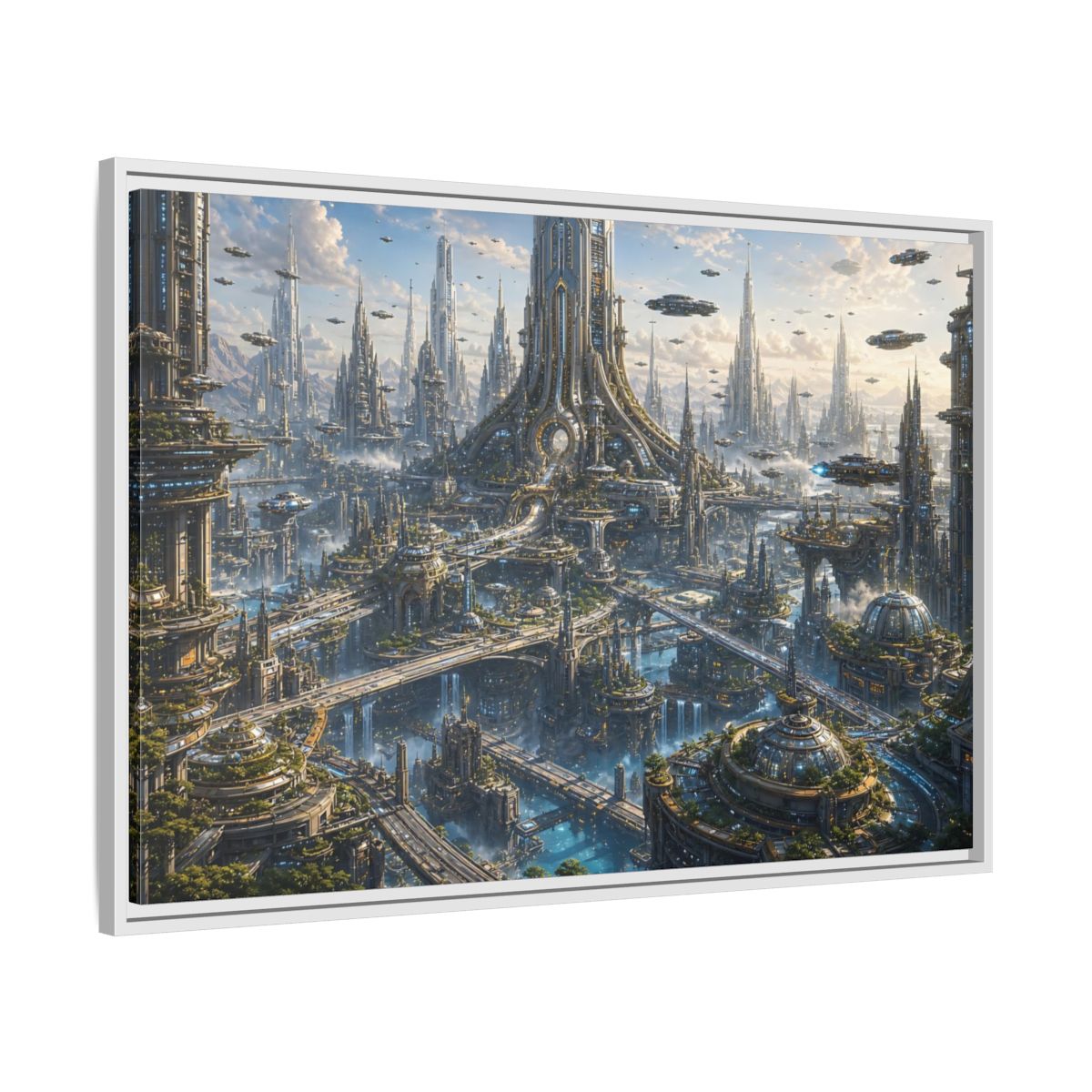 Side Mockup 9. Science Fiction Futuristic City Blue And Grey City shown as stretched canvas wall art