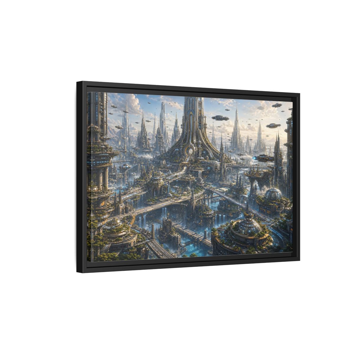 Side Mockup 3. Science Fiction Futuristic City Blue And Grey City shown as stretched canvas wall art