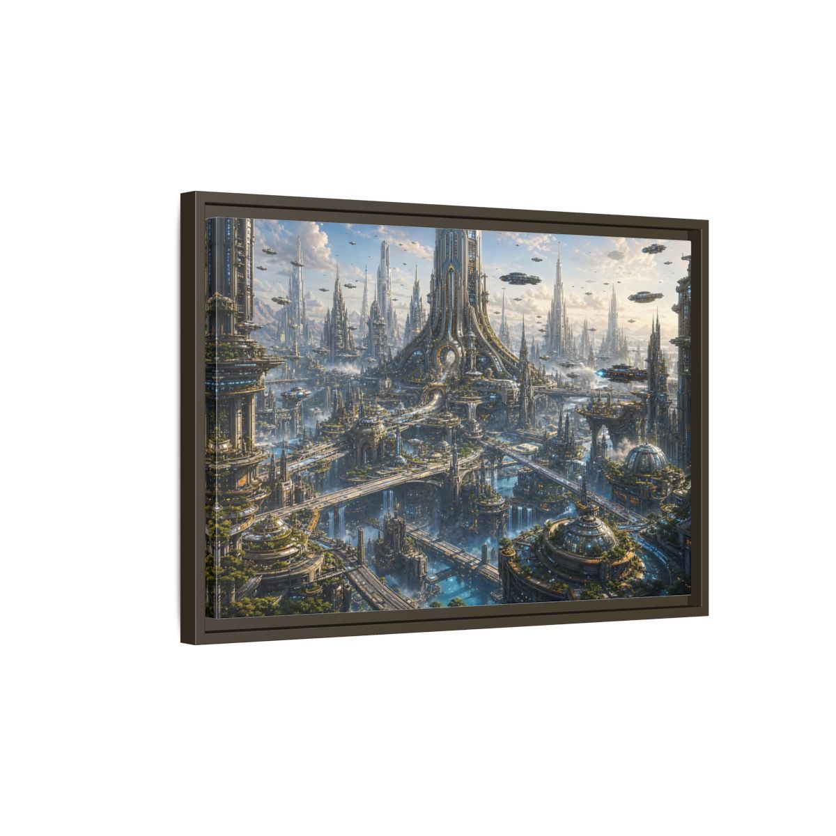Side Mockup 2. Science Fiction Futuristic City Blue And Grey City shown as stretched canvas wall art