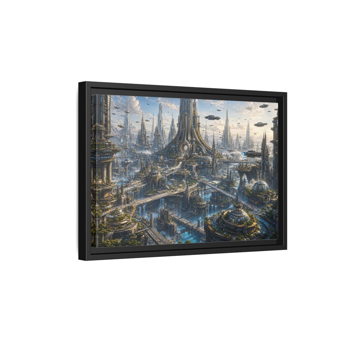 Side Mockup 6. Science Fiction Futuristic City Blue And Grey City shown as stretched canvas wall art